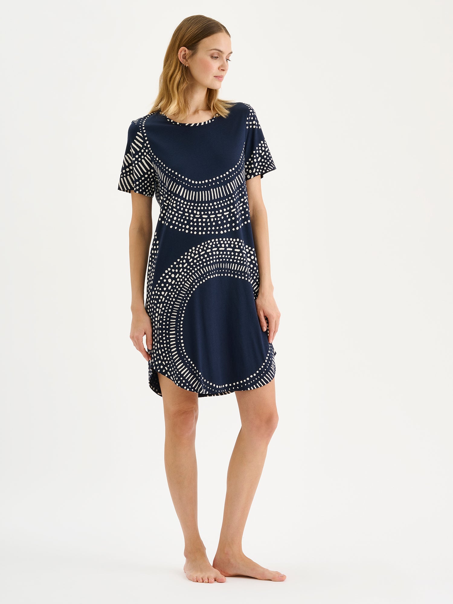 Nanso AURA Short Nightgown in blue shade and stylish pattern on a model with blonde hair.