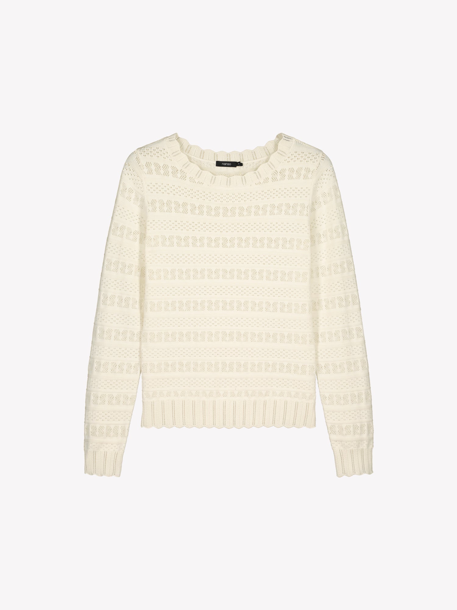 Nanso timeless white KORU knit sweater featuring delicate lace knit in a product picture