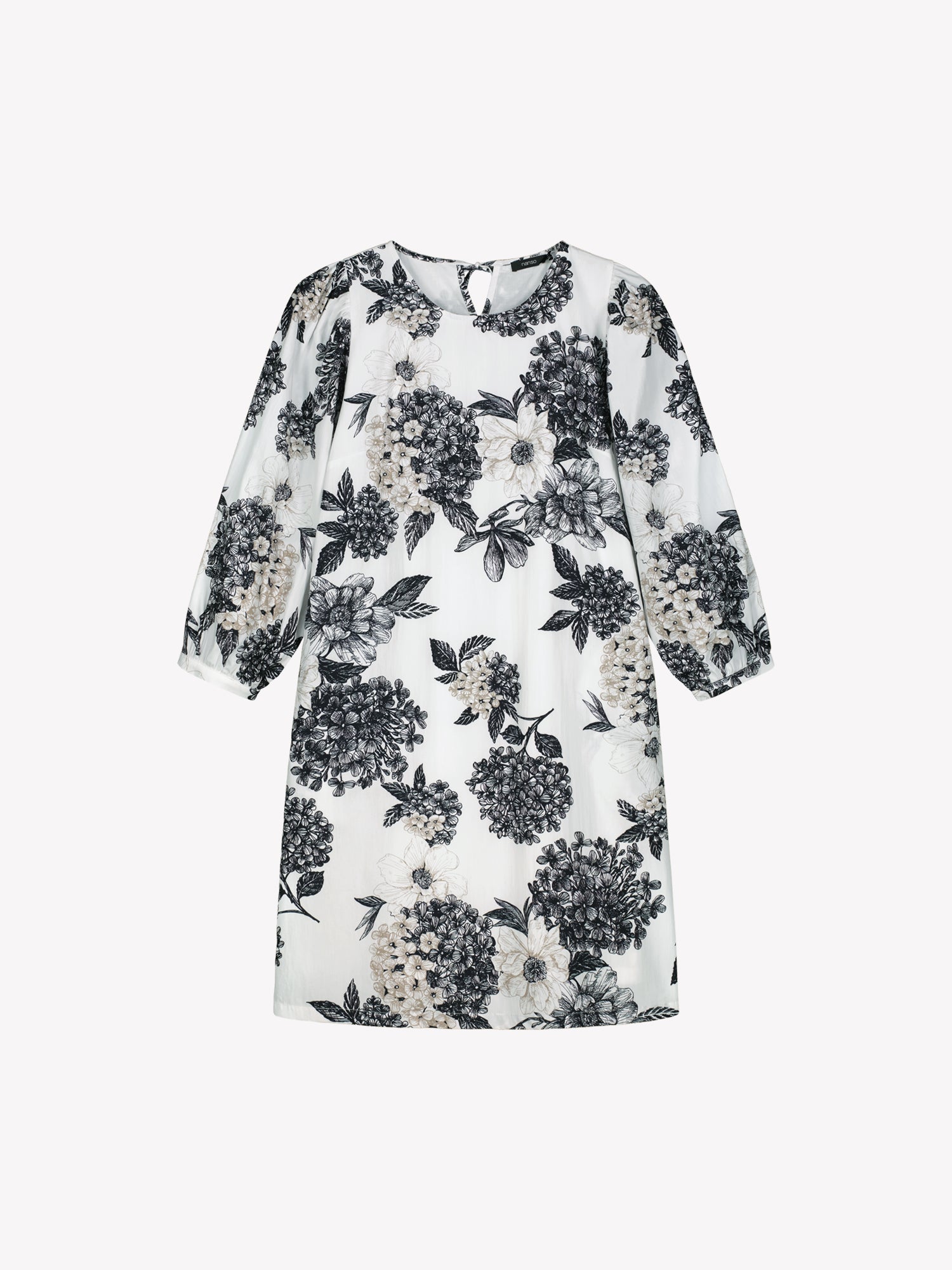 Nanso Palatsi Dress in a striking black and white floral pattern in a product picture.