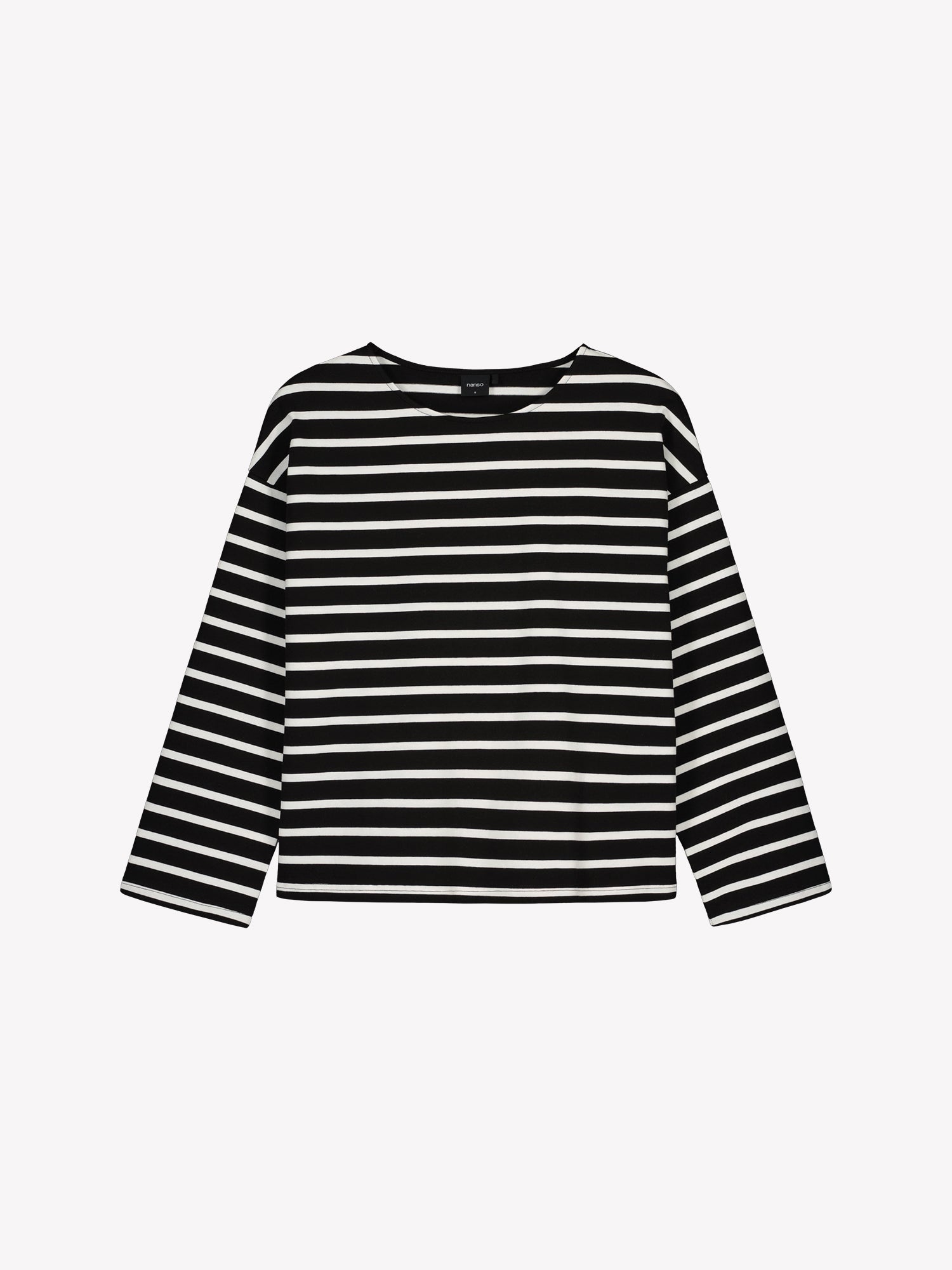 Nanso women's black and white striped long-sleeved Breton blouse with a relaxed, effortless fit, in a product picture