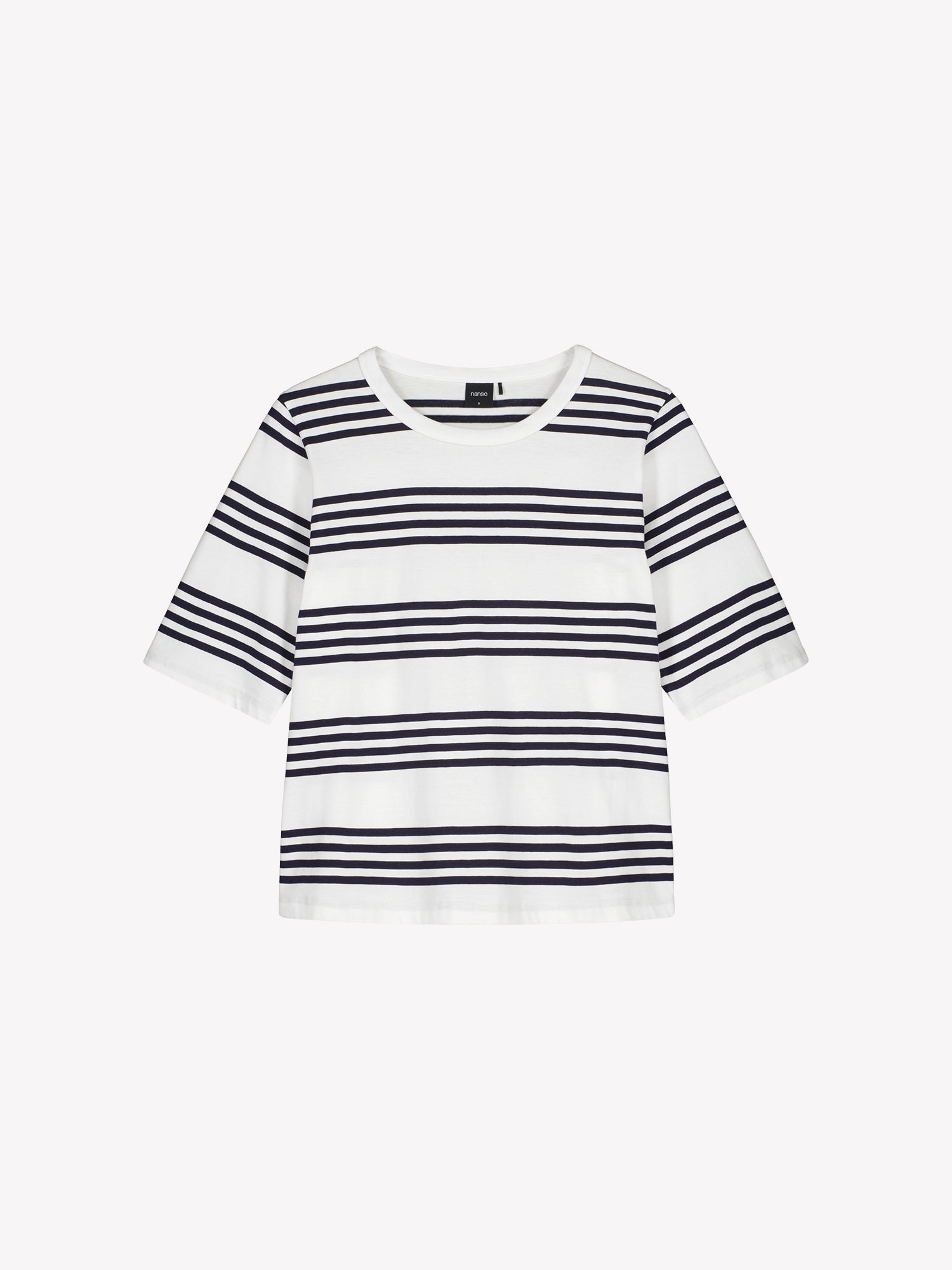 Nanso women's fresh striped navy and white Merina t-shirt in a product picture