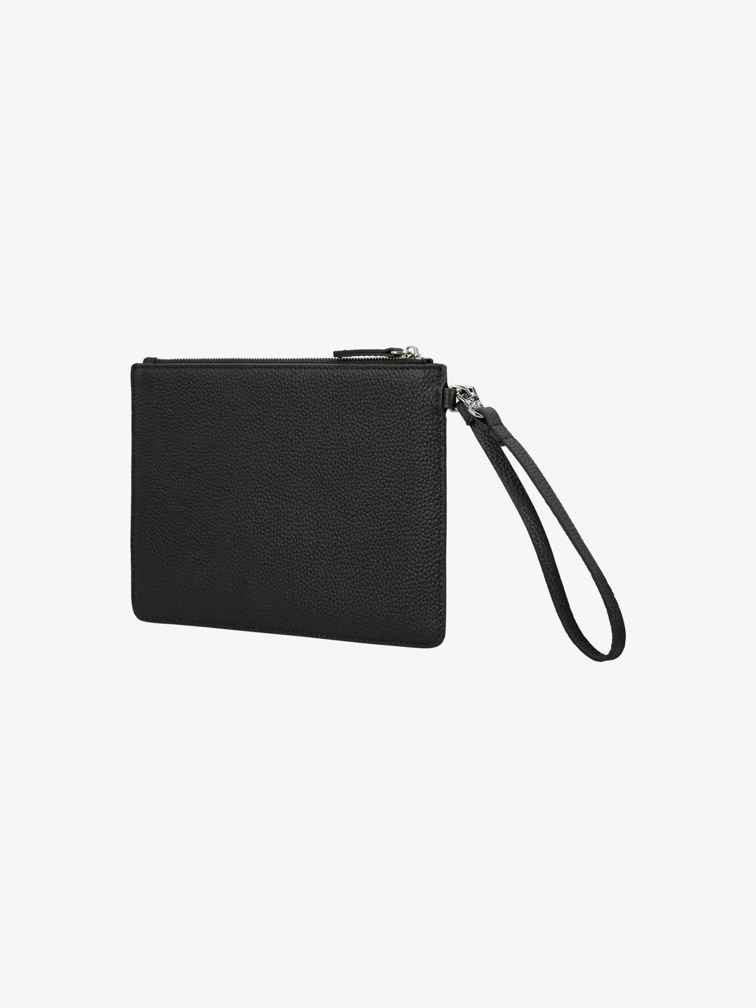 Nanso black Naru Pieni Bag works as both a wallet and a small bag. The bag's short strap can also be attached to a larger Naru bag's strap. Product picture from the back.