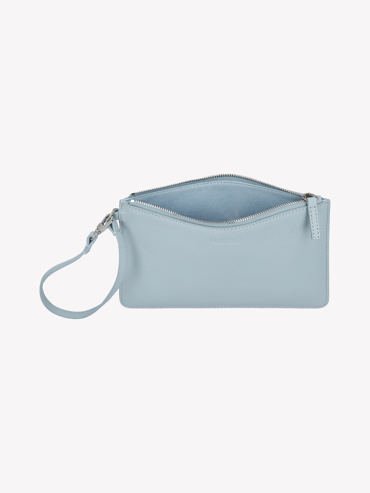 Nanso light blue Naru Pieni Bag works as both a wallet and a small bag. The bag's short strap can also be attached to a larger Naru bag's strap.
The bag features a metal zipper and the Nanso logo is printed on the front. Product picture from the above.