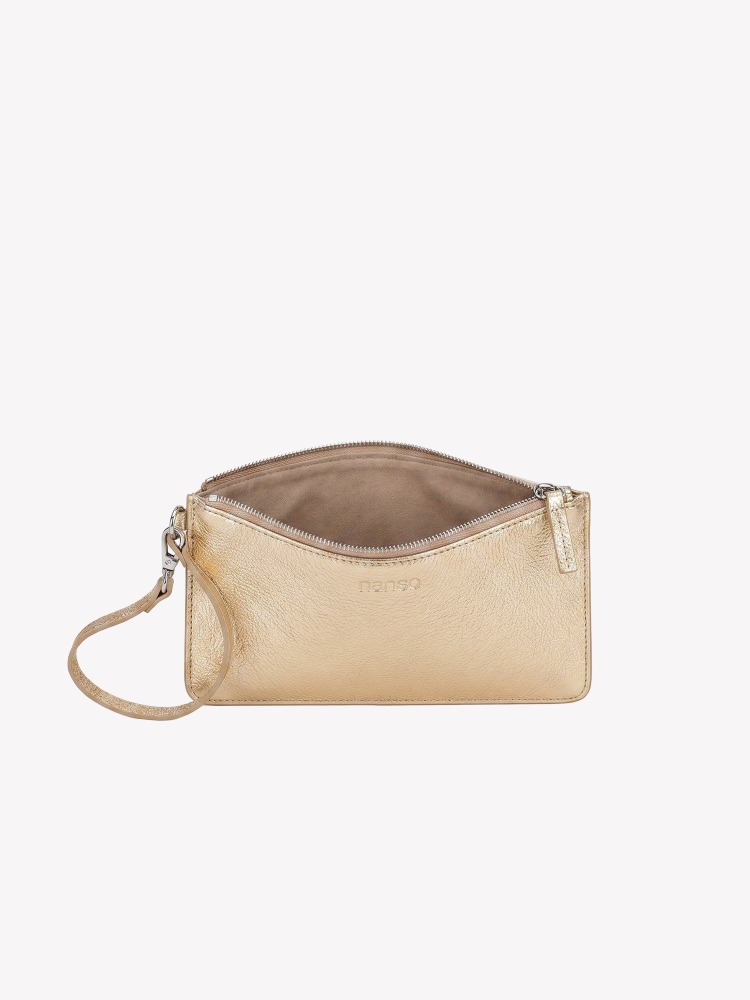 Nanso Naru Pieni Bag in Gold works as both a wallet and a small bag. Product picture with the zip opened