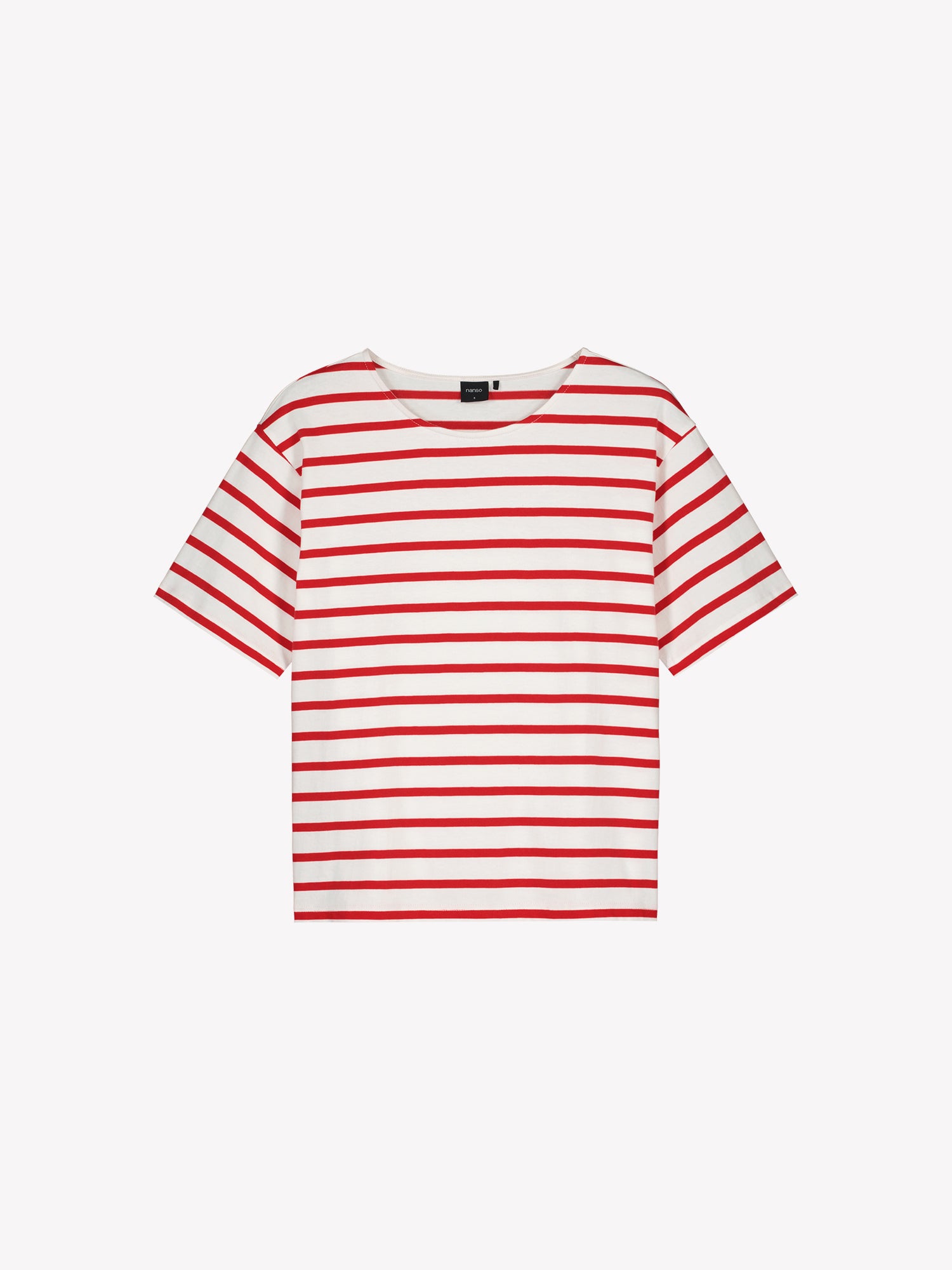 Nanso timeless red and white striped short-sleeved Breton T-shirt in a product picture.