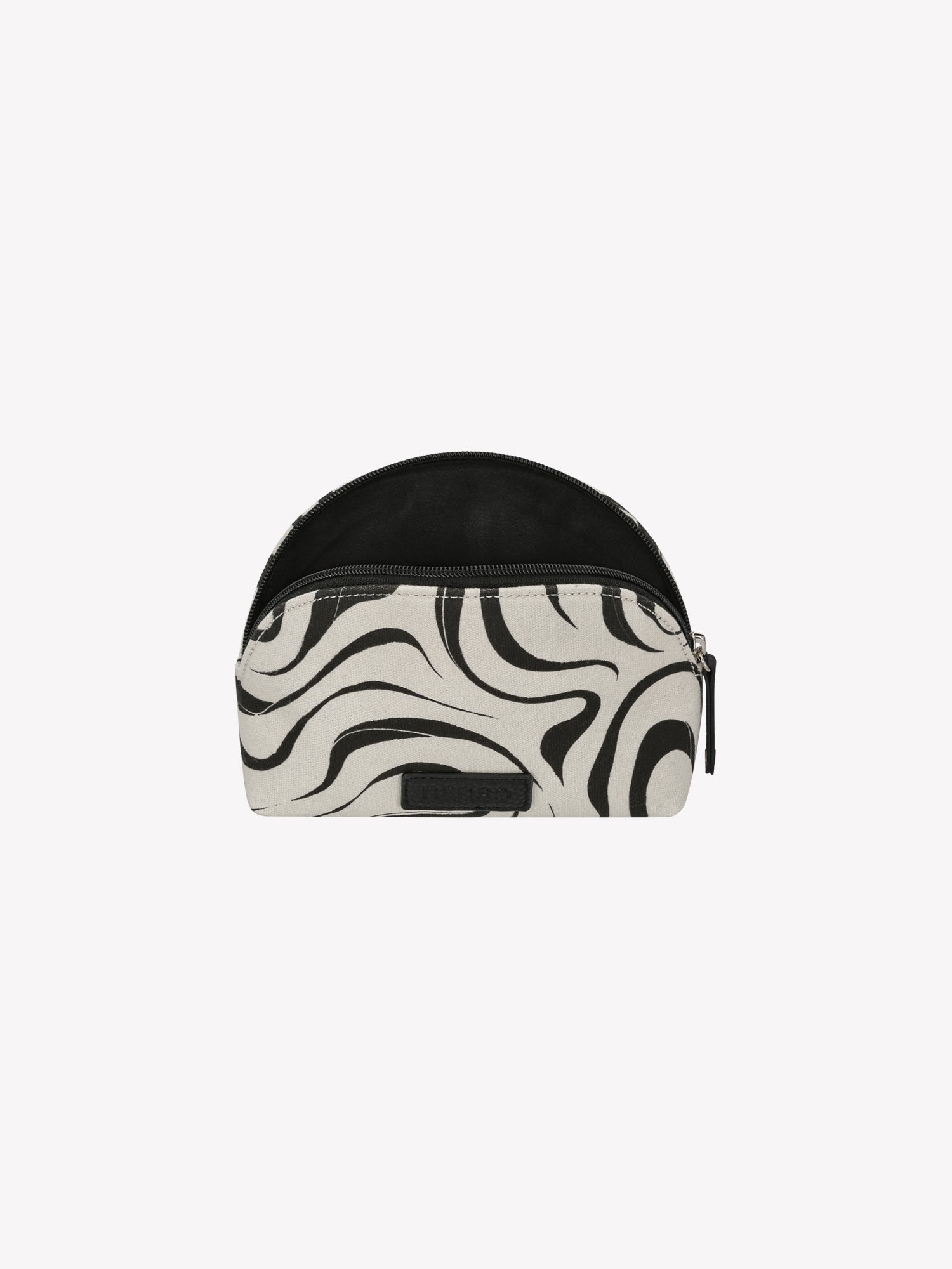 The VESI MINI Cosmetics Bag in black and white in a product picture, zipper opened.