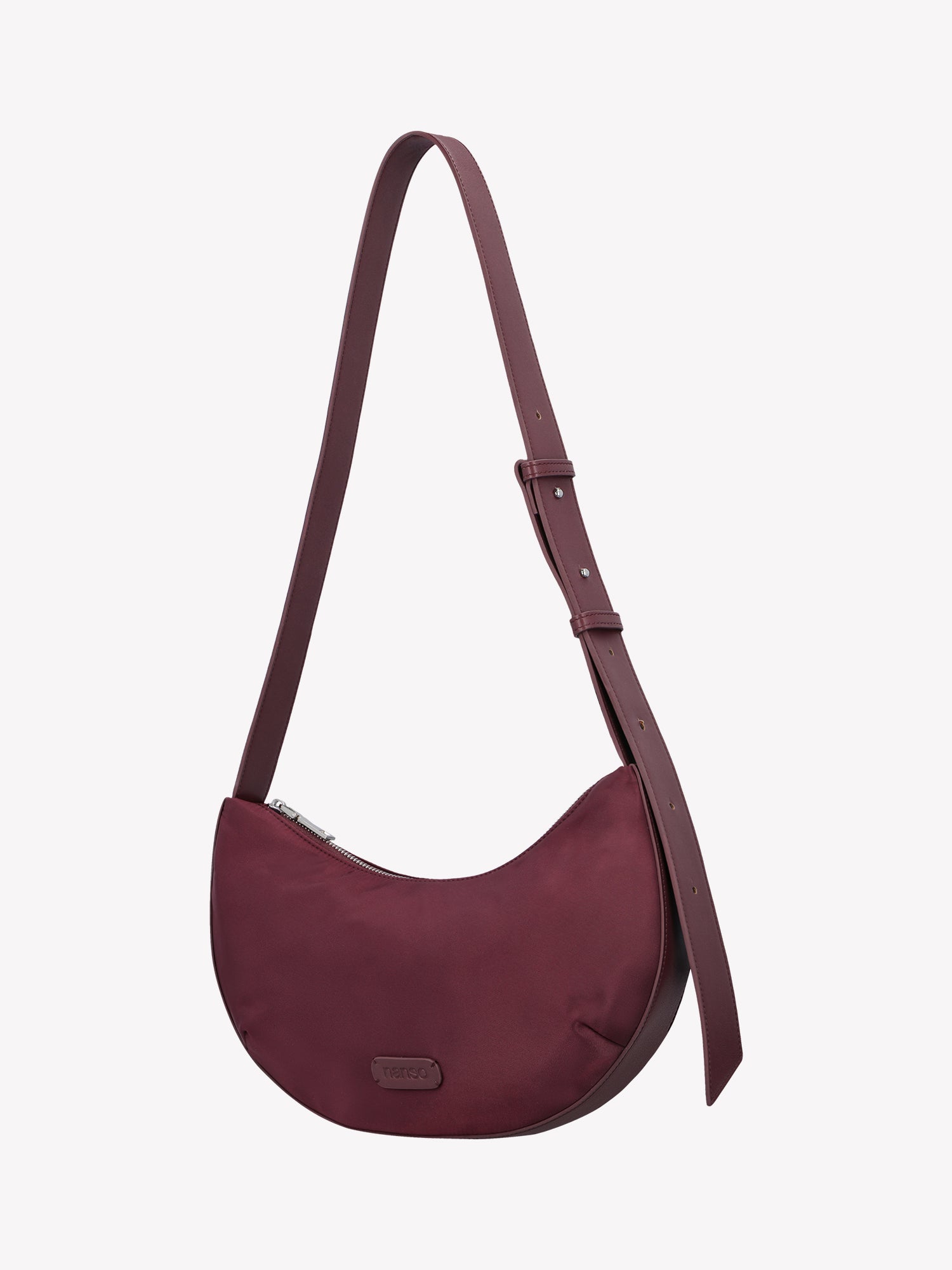 Nanso women's stylish wine-red half moon shaped crossbody bag crafted from durable nylon, product picture