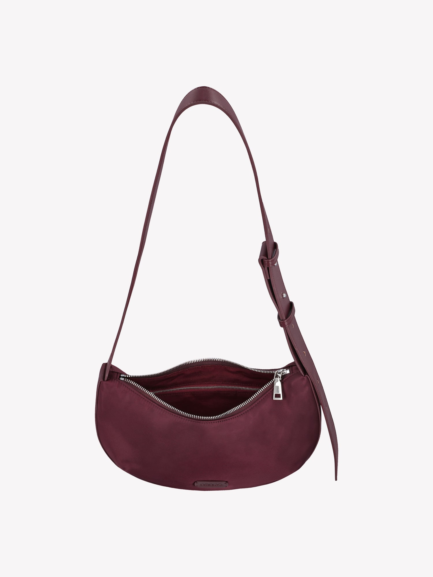 Nanso women's stylish wine-red half moon shaped crossbody bag crafted from durable nylon, product picture from above with the zip opened