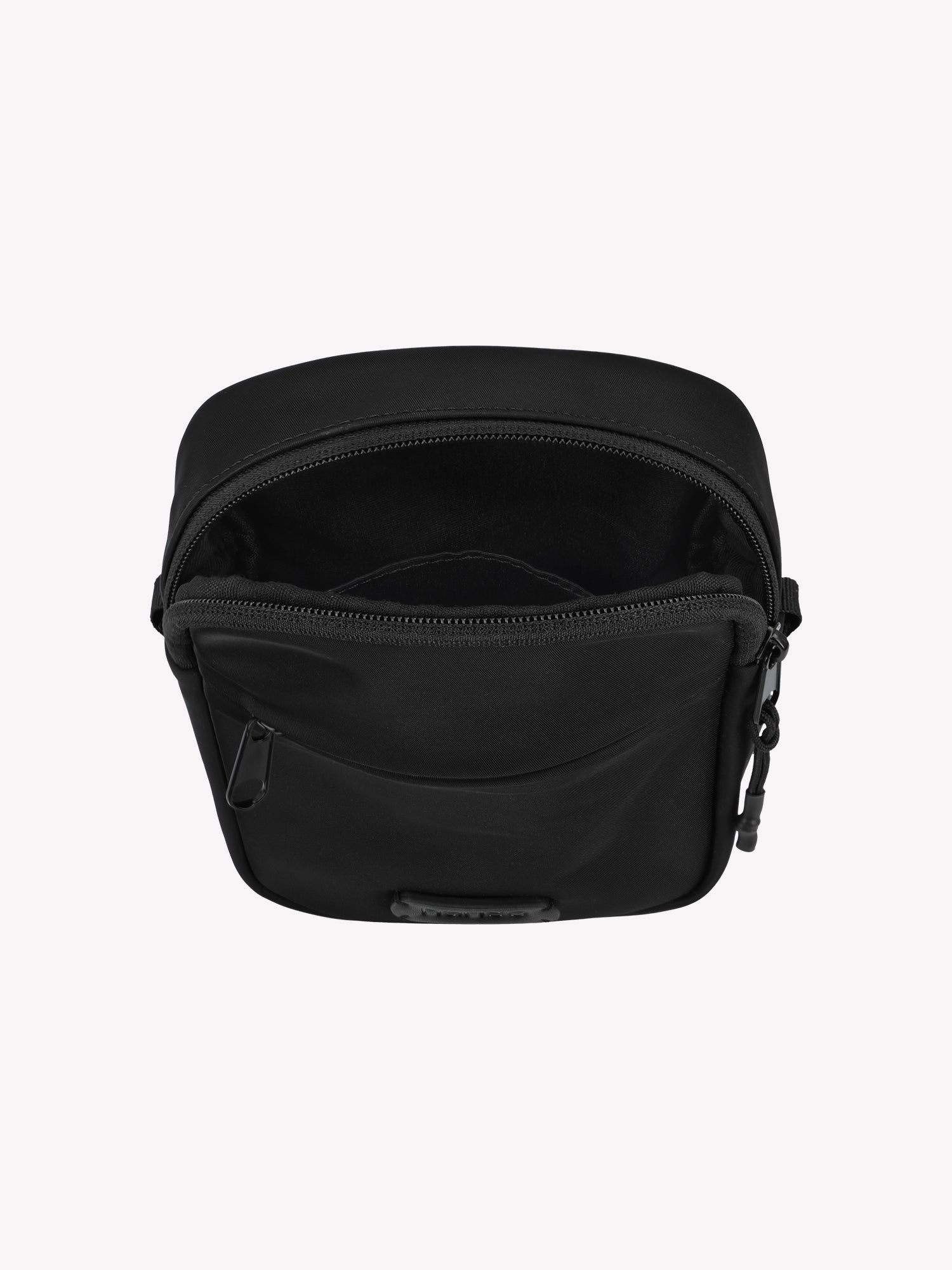 Nanso women's stylish black Tuuli crossbody bag crafted from nylon fabric, product picture from above with the zipper opened