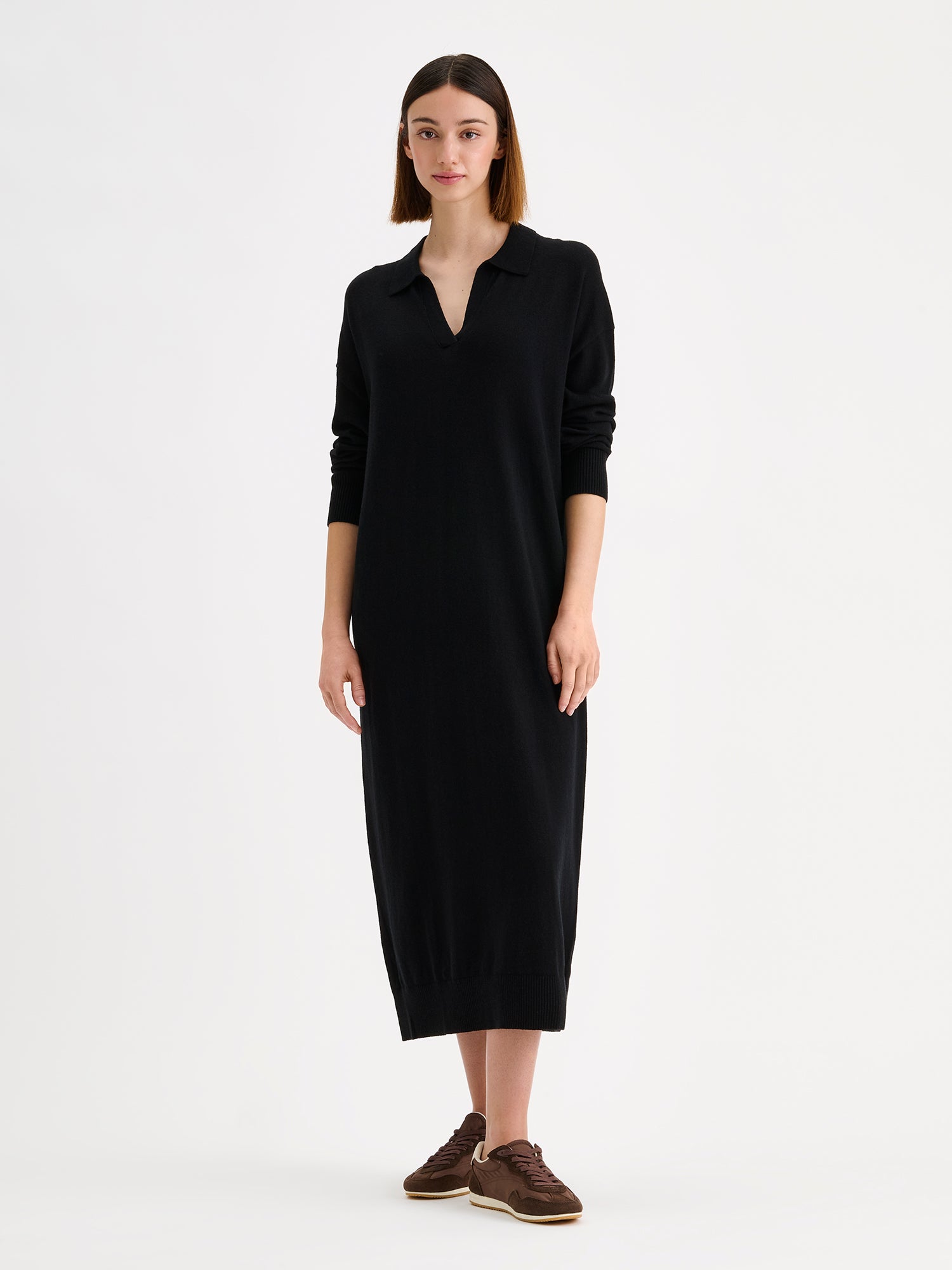 Nanso women's sophisticated straight cut women's knit dress from the Villis collection, featuring a classic collar. On a model