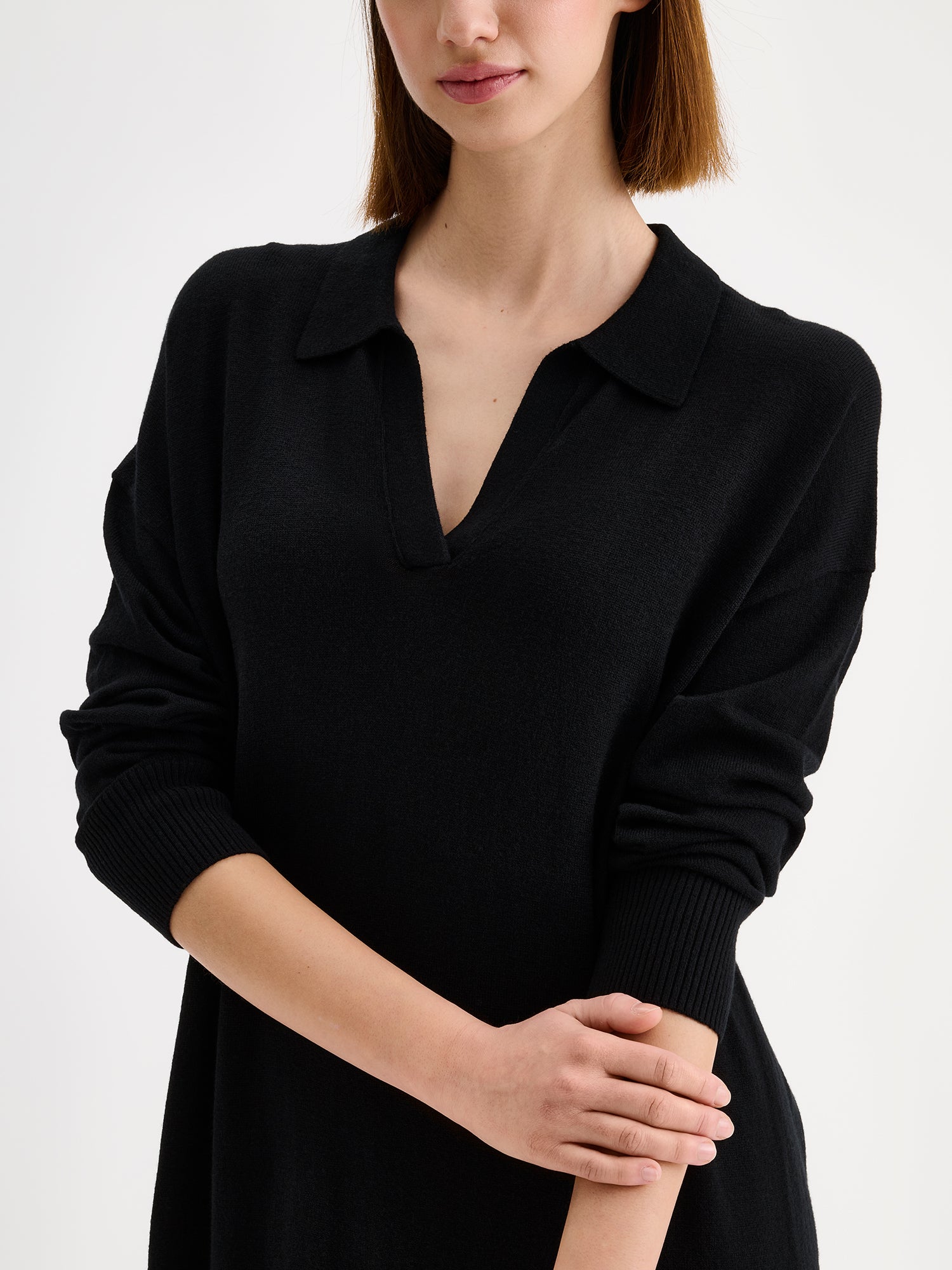 Nanso women's sophisticated straight cut women's knit dress from the Villis collection, featuring a classic collar. On a model