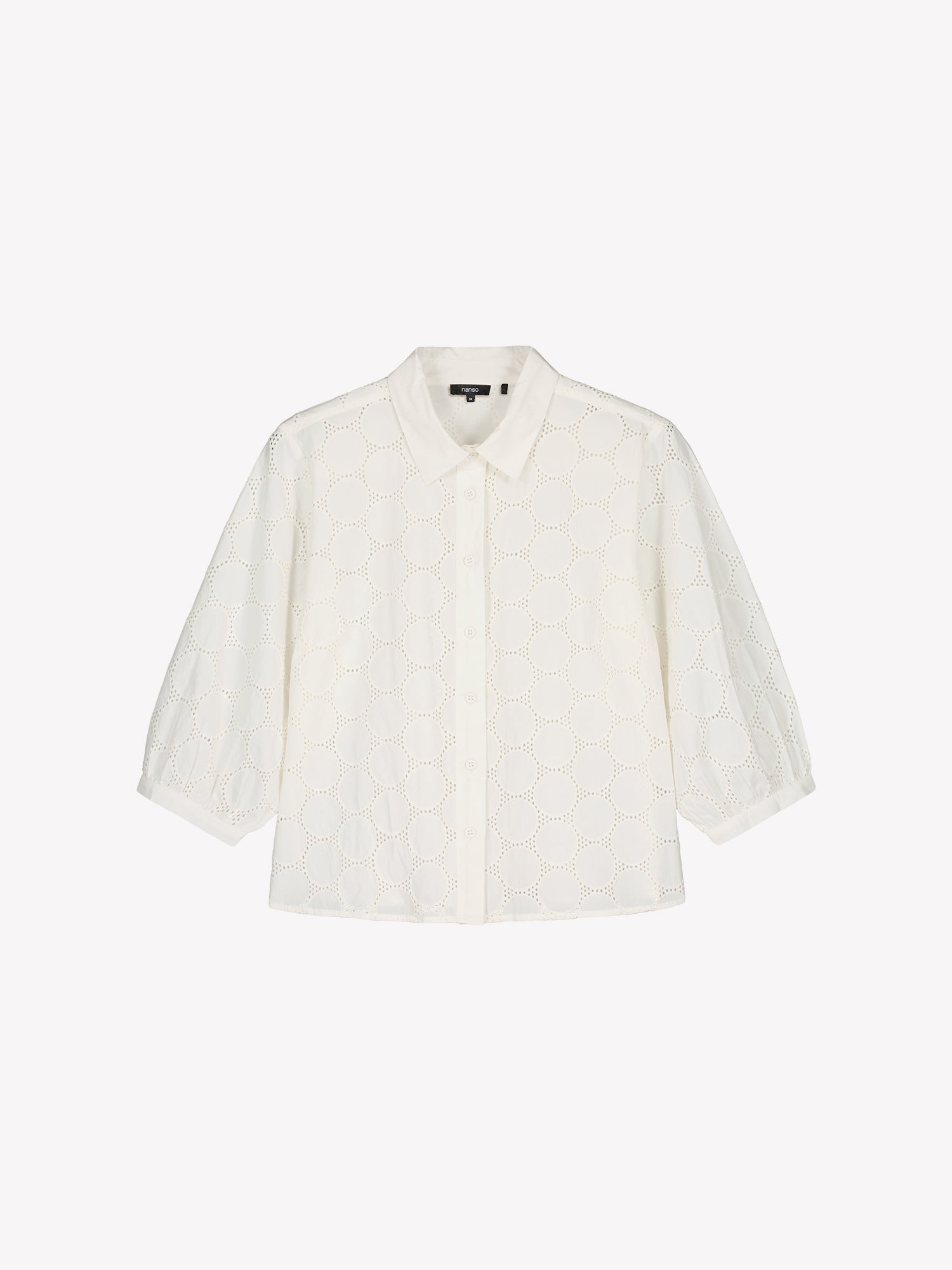 nanso women's stylish white Siiri blouse for women, featuring beautiful embroidered fabric, classic collar, buttons and 3/4 sleeves, in a product picture