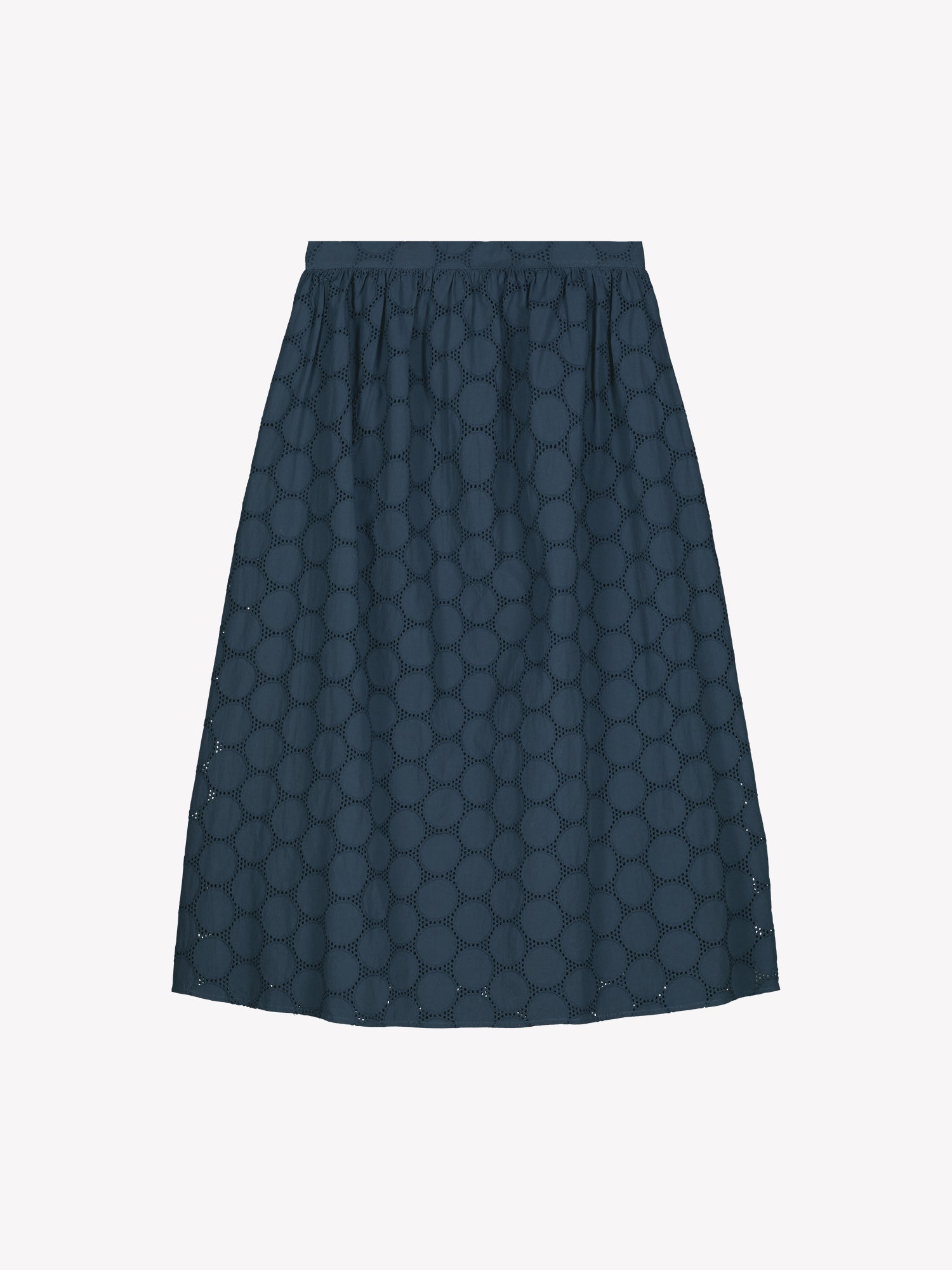 Nanso women's dark blue Siiri midi skirt, featuring a delicate lace-like woven cotton fabric with beautiful texture, pockets and a zip, in a product picture