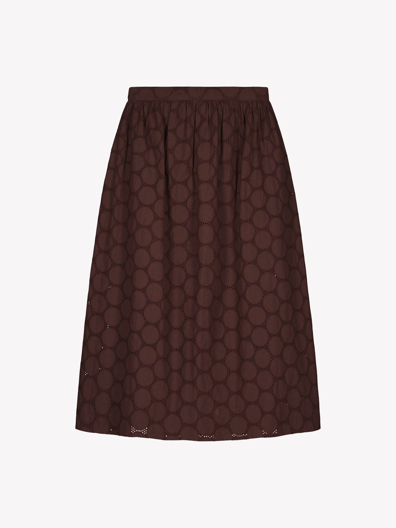 Nanso women's dark brown Siiri midi skirt, featuring a delicate lace-like woven cotton fabric with beautiful texture, pockets and a zip, in a product picture