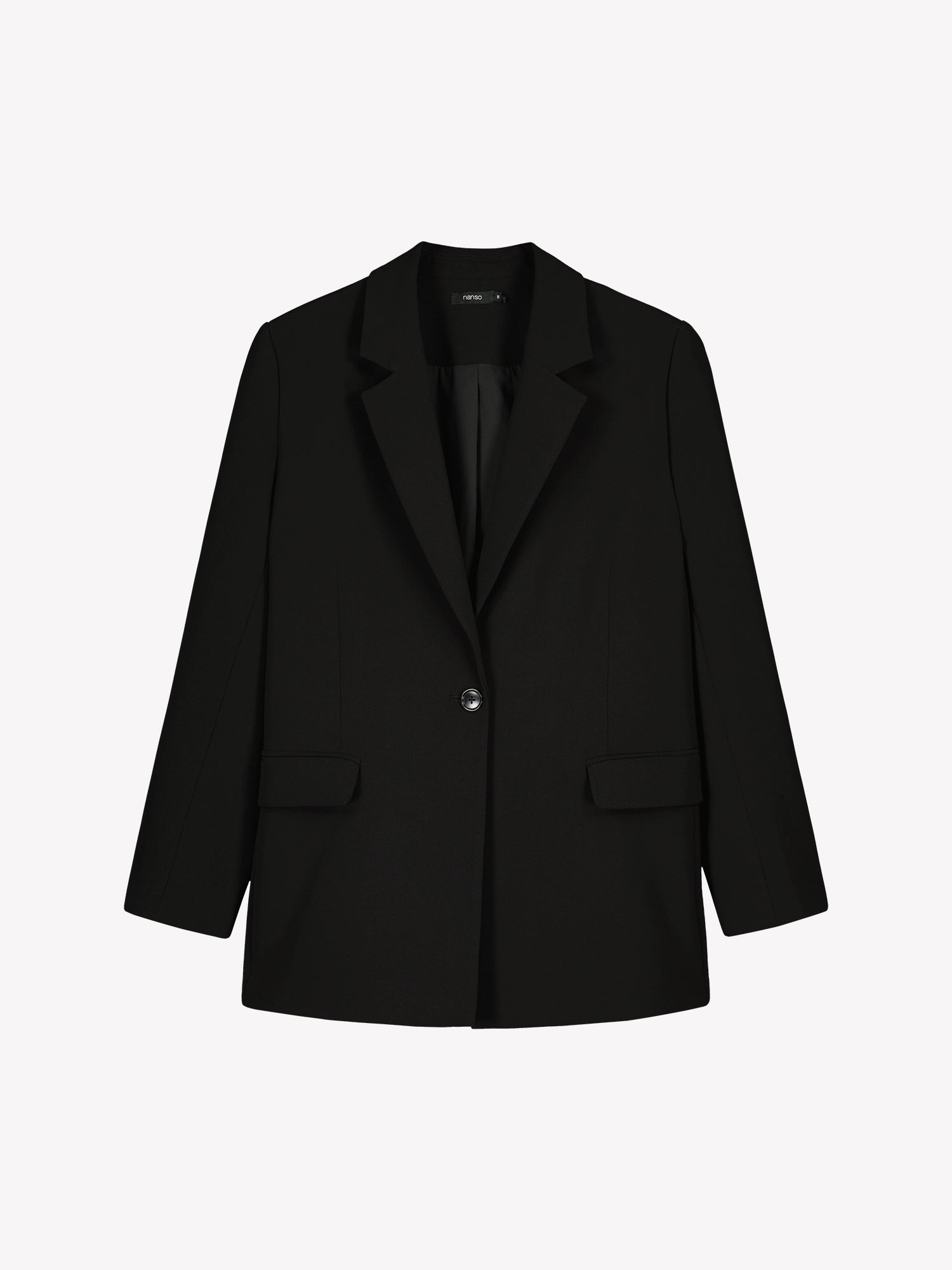 A stylish women's Eeva blazer in black with a relaxed yet structured silhouette, in a product picture