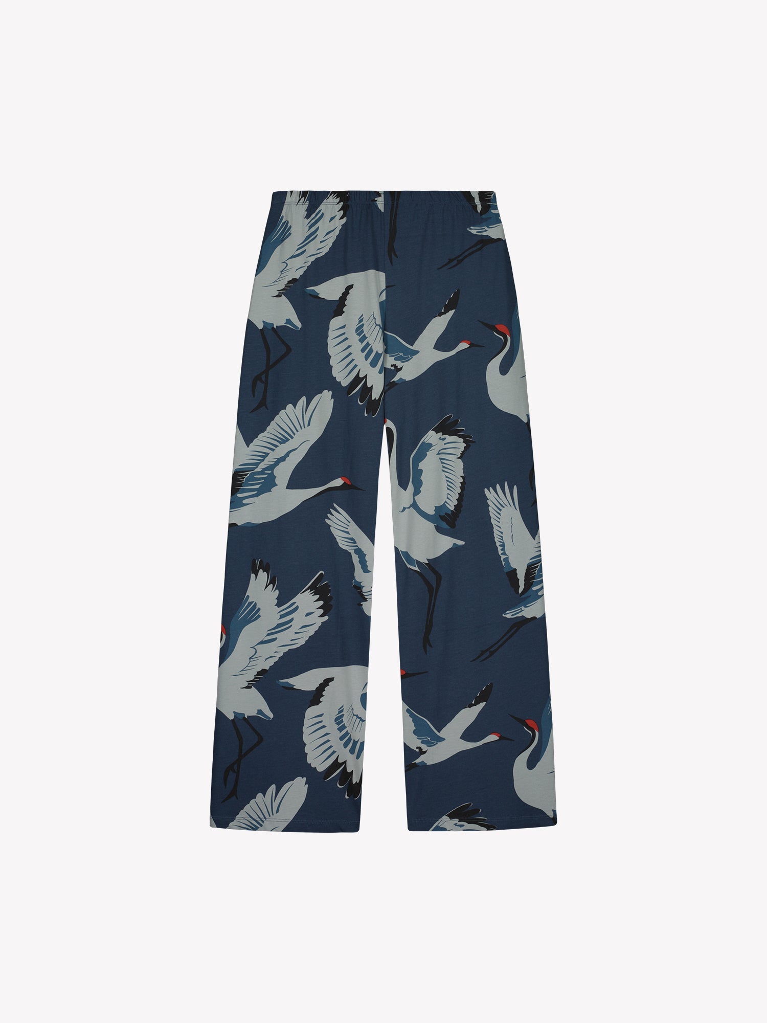 Nanso women's relaxed and loose-fitting Kurki lounge trousers with cropped legs and a charming blue-toned pattern in a product picture