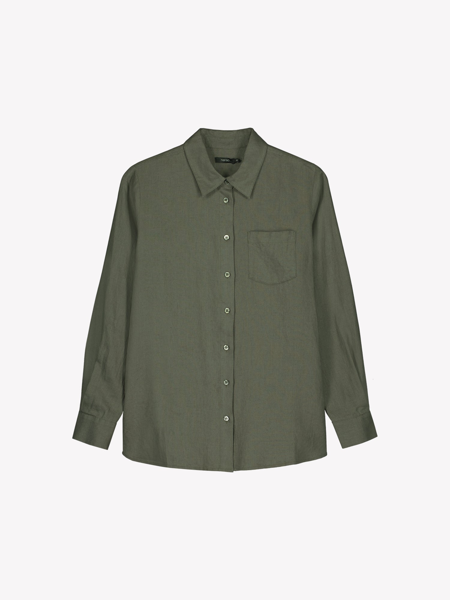 Nanso women's relaxed, classic and versatile olive green Lene linen shirt is crafted from woven linen fabric that is durable and breathable. The shirt features a front button closure and chest pocket and full-length sleeves. In a product picture