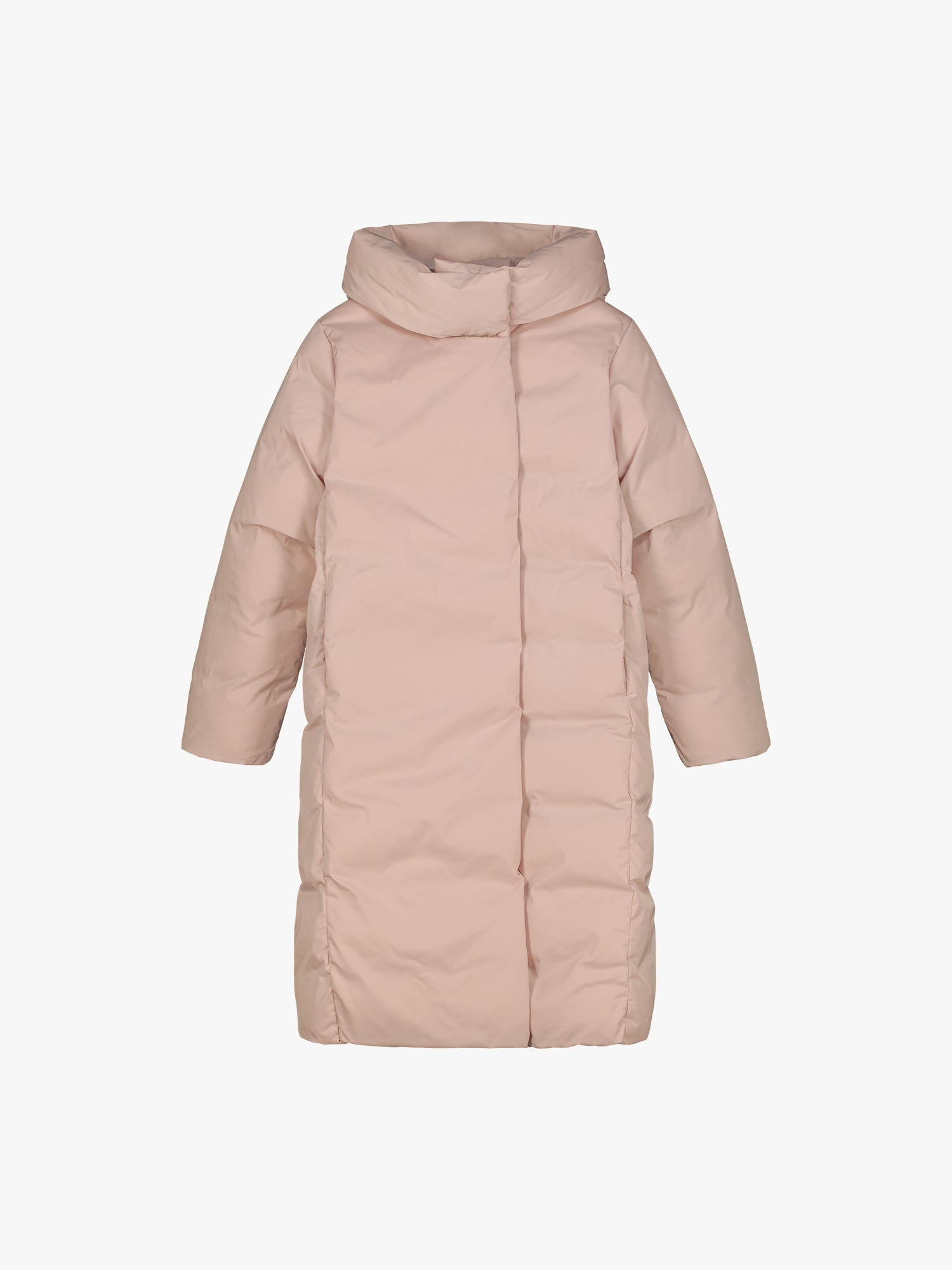 Warm and wonderfully voluminous, the long Inari puffer coat in light pink, product picture.