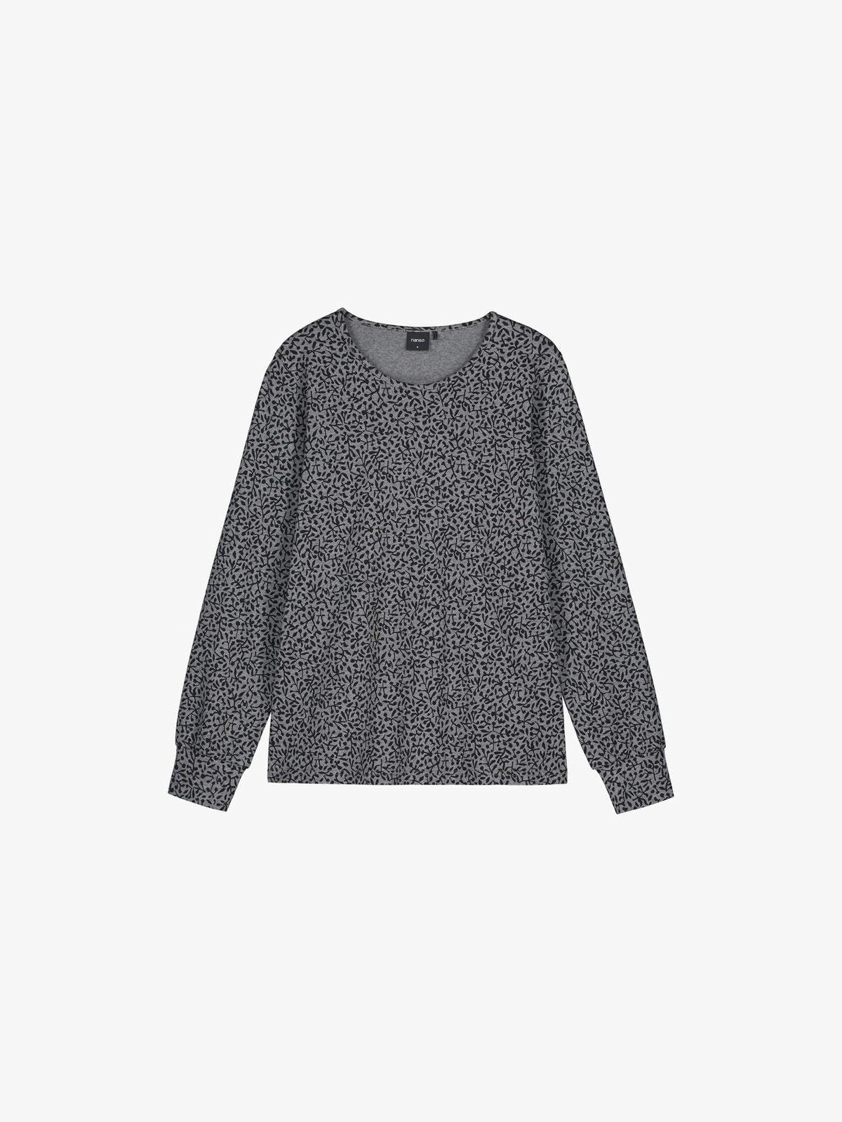 Nanso women's Marja pyjama set in a black and grey, product picture of the shirt