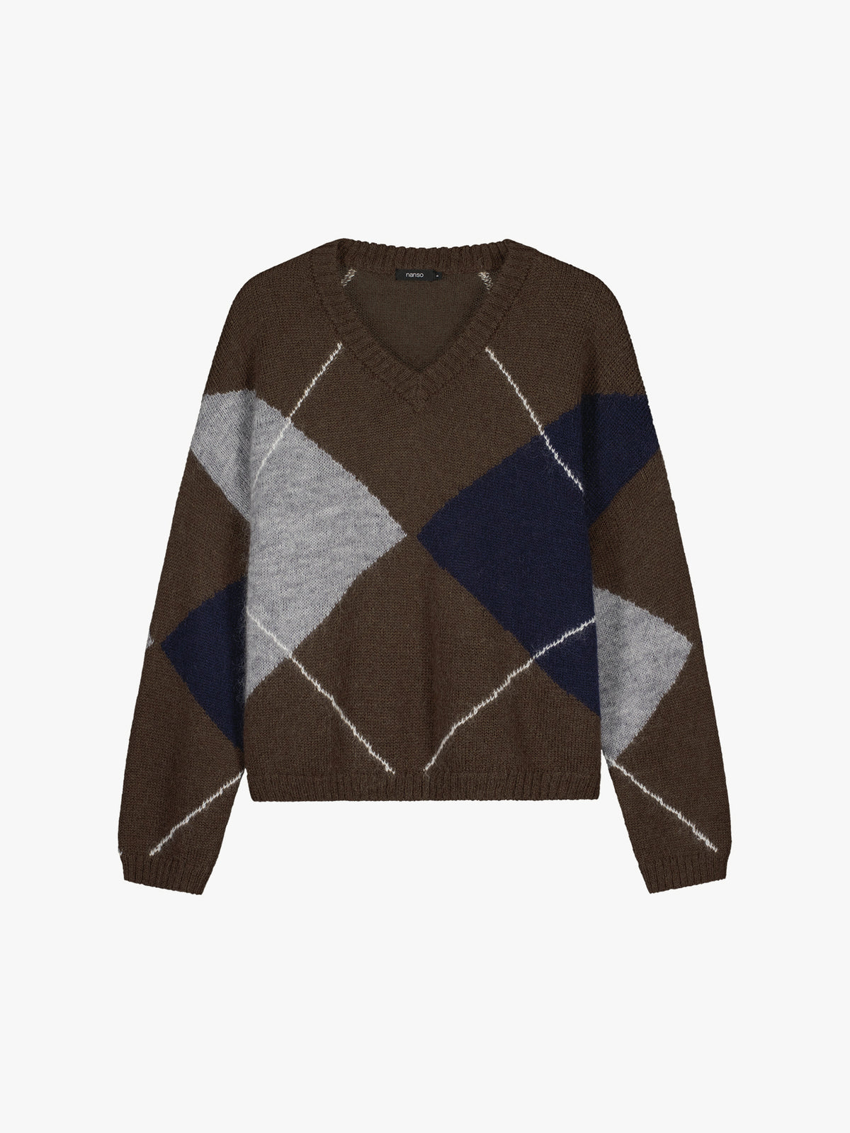 Nanso women's stylish Lotte knit sweater featuring a classic yet on-trend argyle pattern in rich autumnal shades, product picture