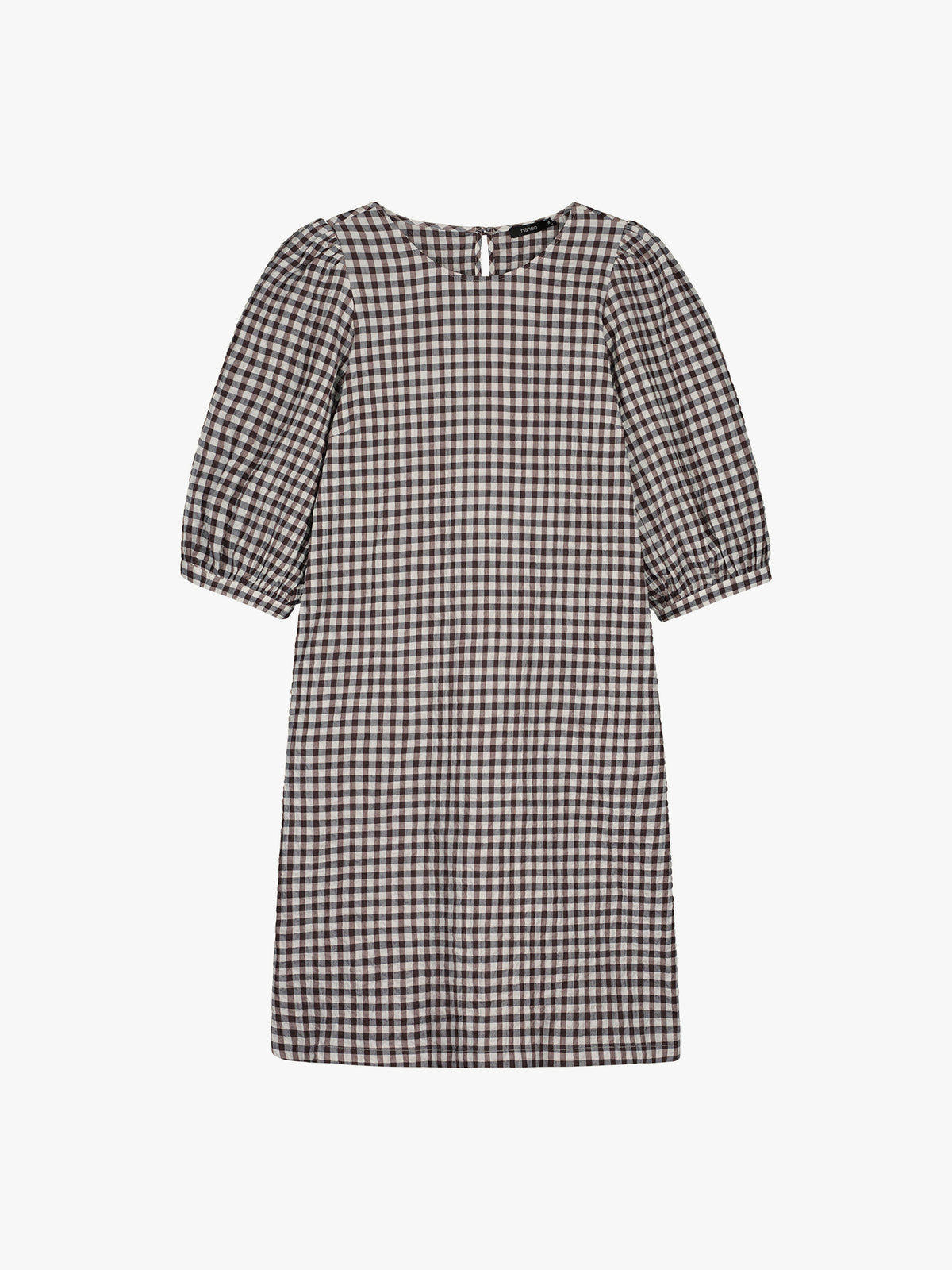Nanso women's Treffit dress in a timeless brown and white check pattern, in a product picture