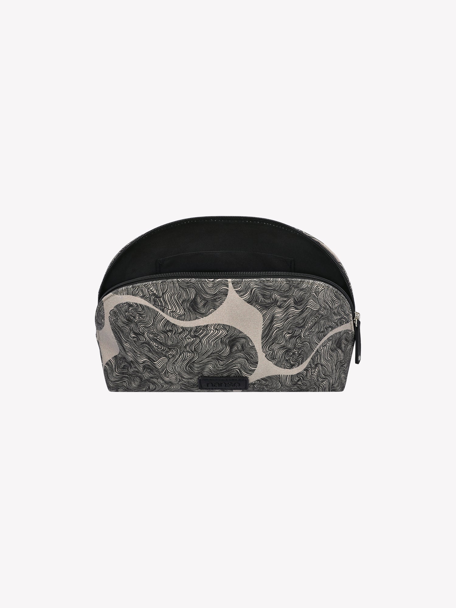 Nanso's Paasi cosmetics bag in black-beige features a charming pattern, product picture with the bag zipper opened