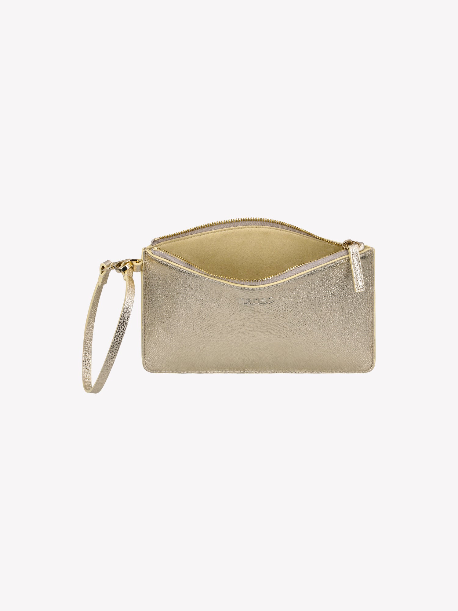 Aarre is a beautifully compact, practical, and stylish wallet in gold shade that holds your essential cards and cash. Product picture with zip pocket opened.