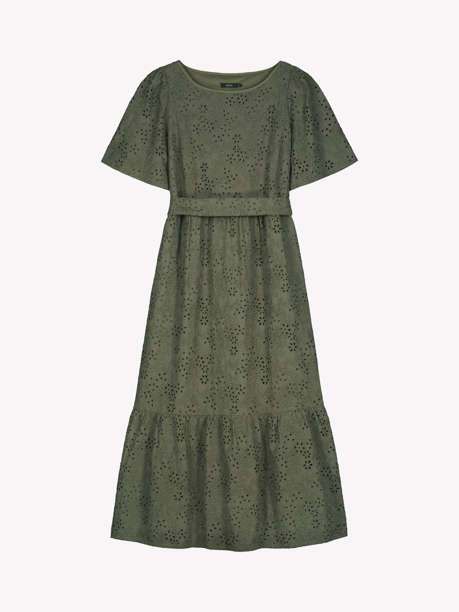 Nanso women's beautiful long olive green Odette dress crafted from delicate broderie anglaise style cotton fabric with a lace-like texture in a product picture