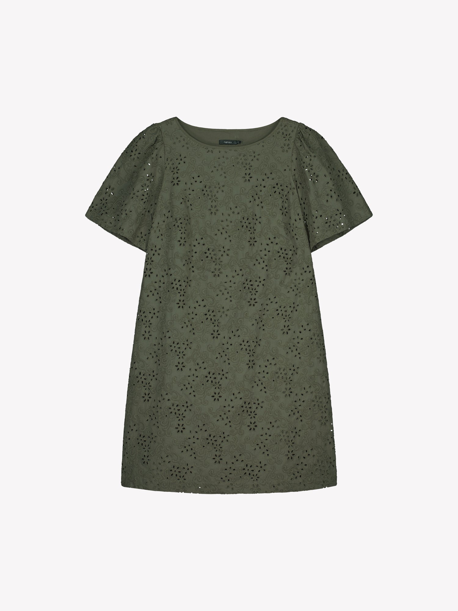 Nanso women's Odette Short Embroidered Dress in olive green, crafted from delicate broderie anglaise style cotton fabric, in a product picture.