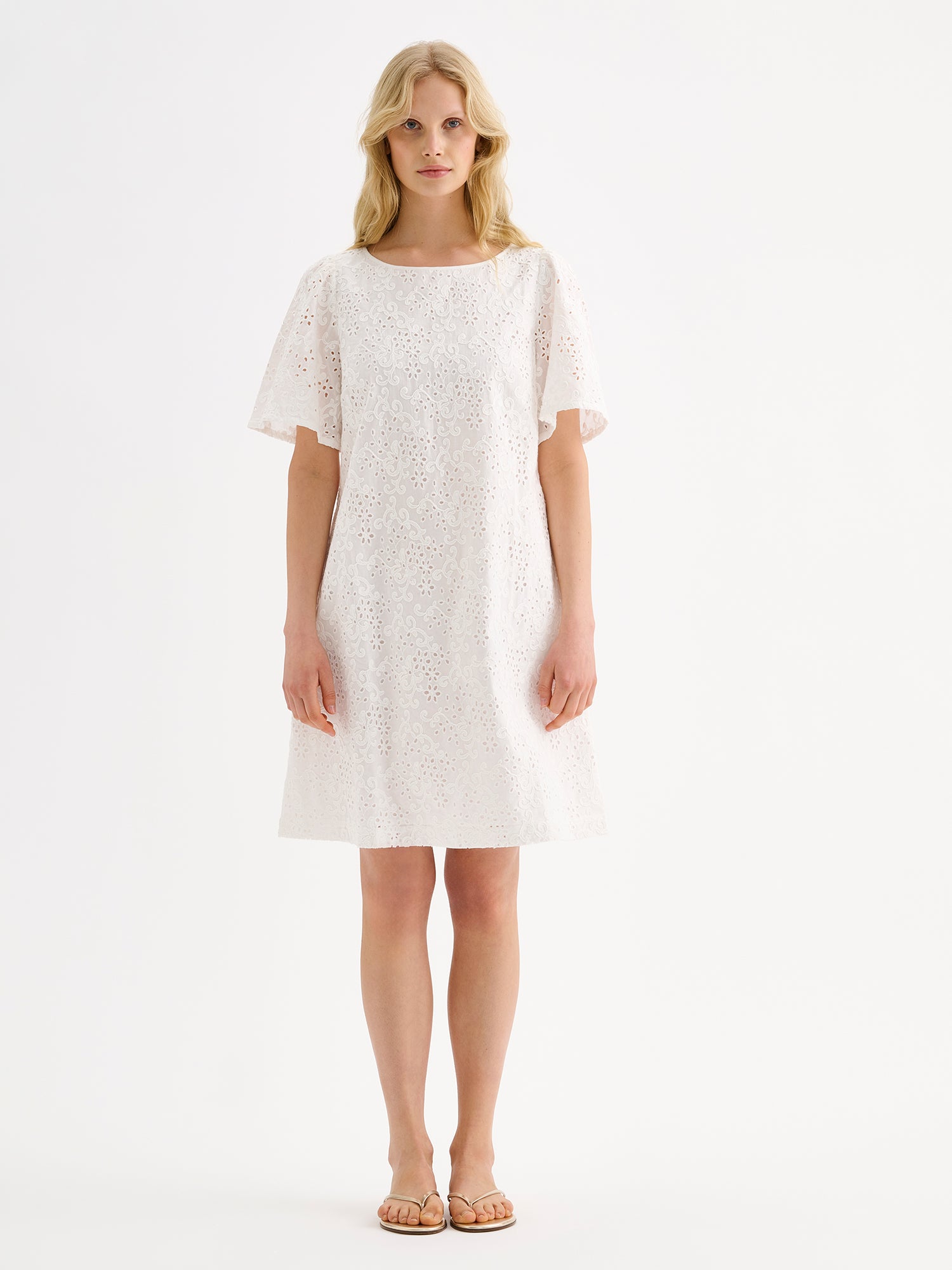white short embroidered dress ODETTE A-lined with Short Sleeves - Size:S (US size 2-4) Extra Slim Pink Cotton x-category:Full Price puff sleeves