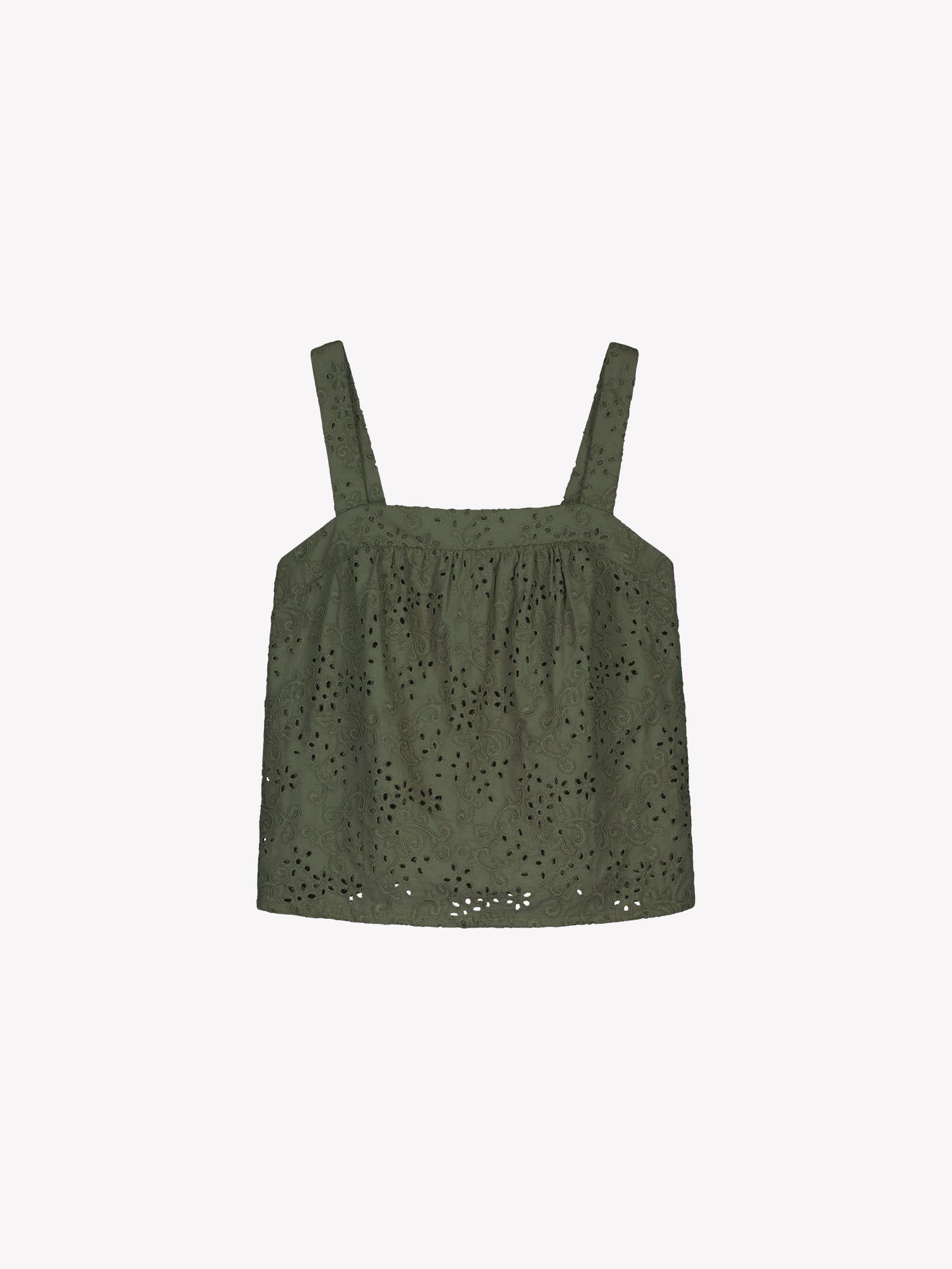Nanso women's beautiful olive green Odette top for women, crafted from delicate lace-like Broderie anglaise style cotton fabric, in a product picture.