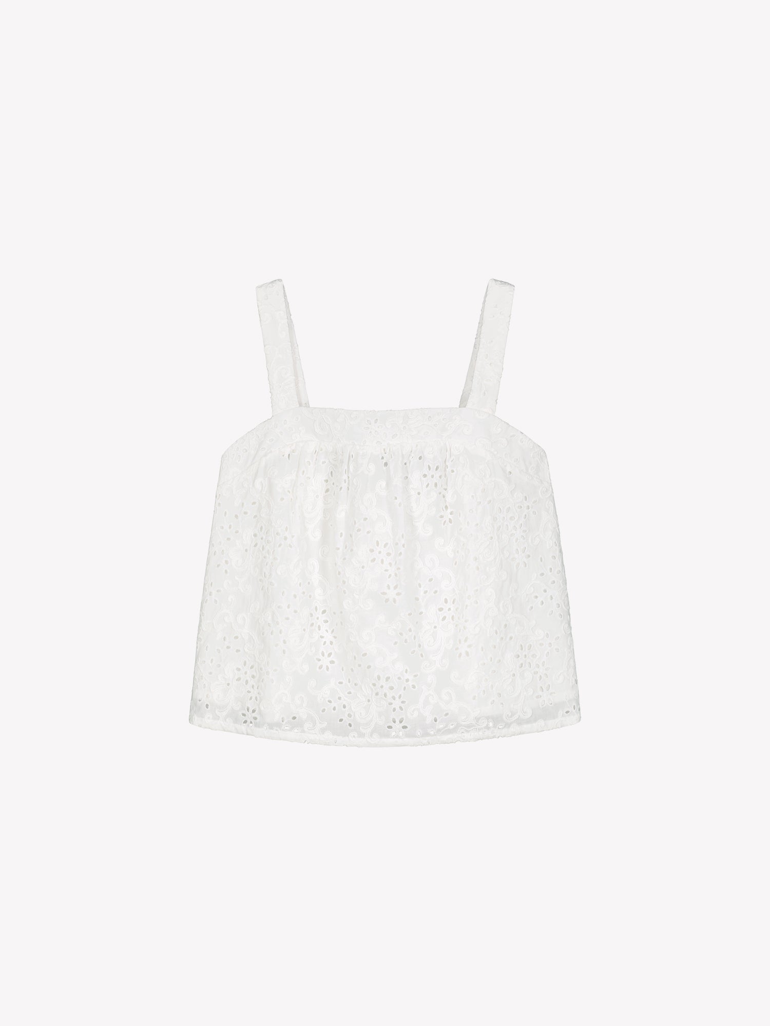 Nanso women's beautiful soft white Odette top for women, crafted from delicate lace-like Broderie anglaise style cotton fabric, in a product picture.