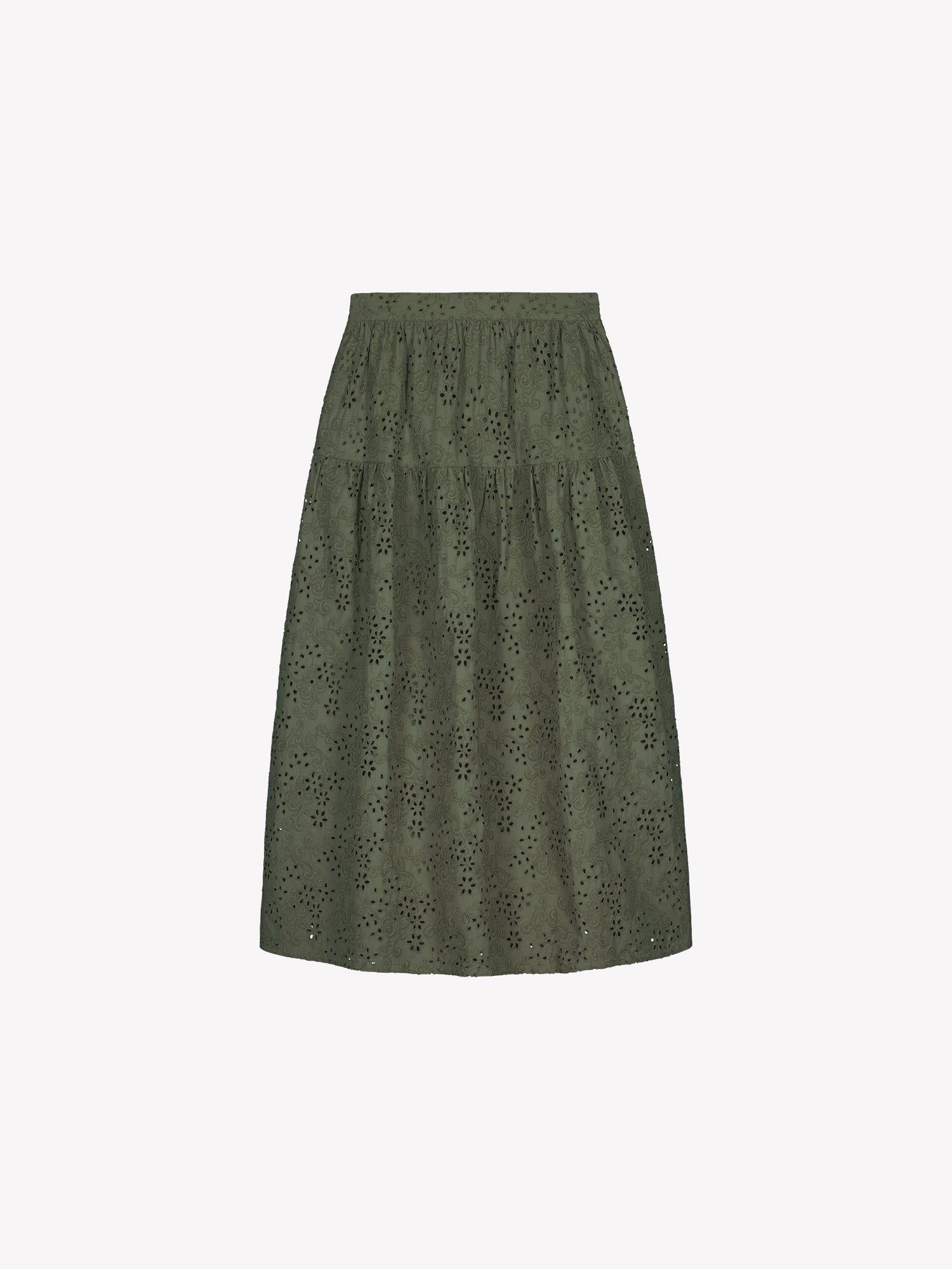 Nanso women's Odette skirt is a beautiful maxi-length skirt with a flowing silhouette, crafted from olive green cotton fabric featuring delicate broderie anglaise detailing, in s product picture from the front.