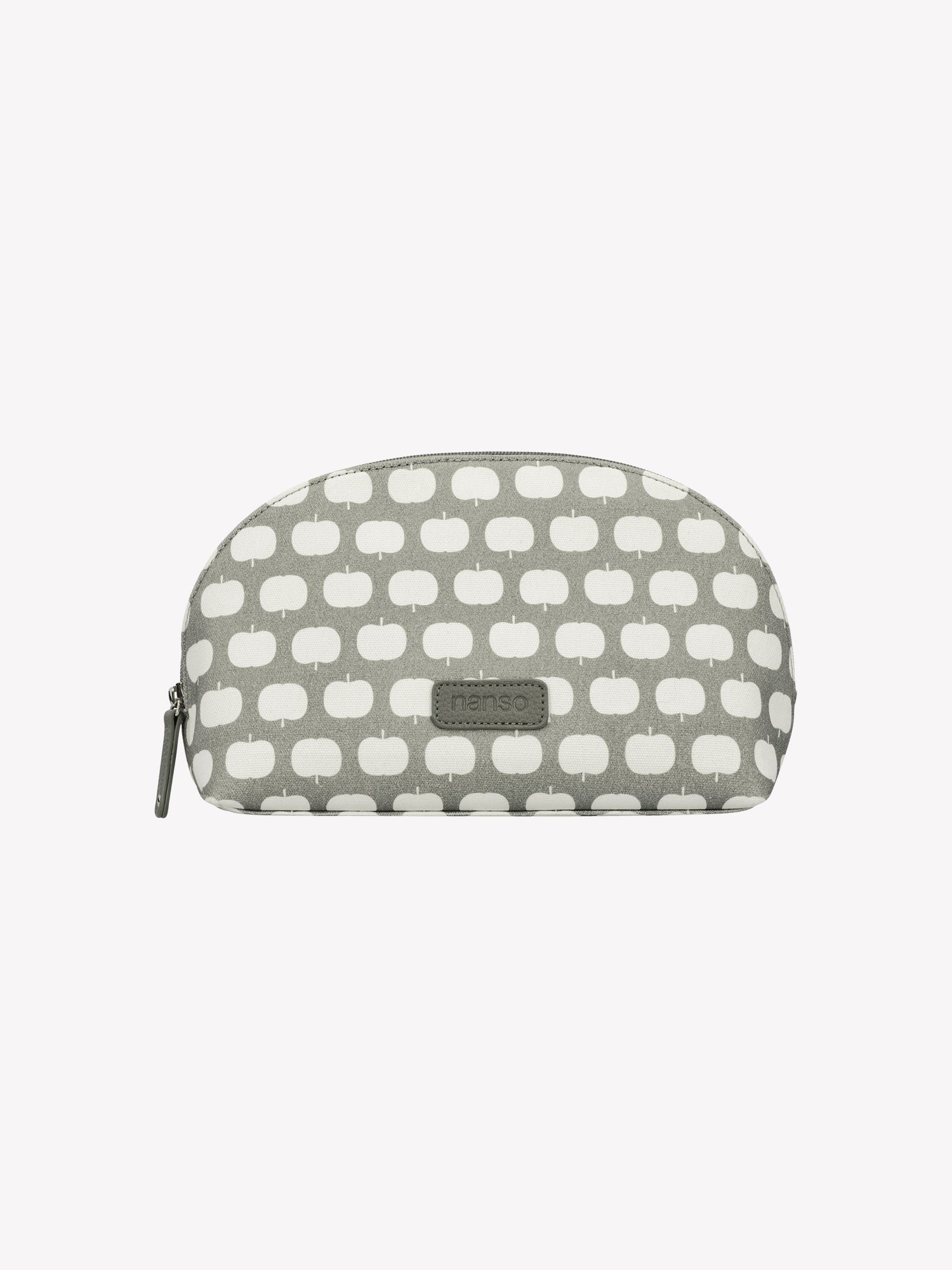 Nanso's Omppu cosmetics bag in green features a charming apple pattern, a product picture.
