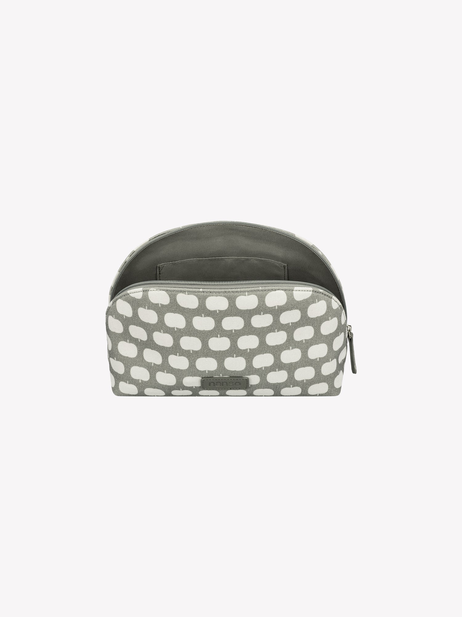 Nanso's Omppu cosmetics bag in green features a charming apple pattern, a product picture with the bag opened