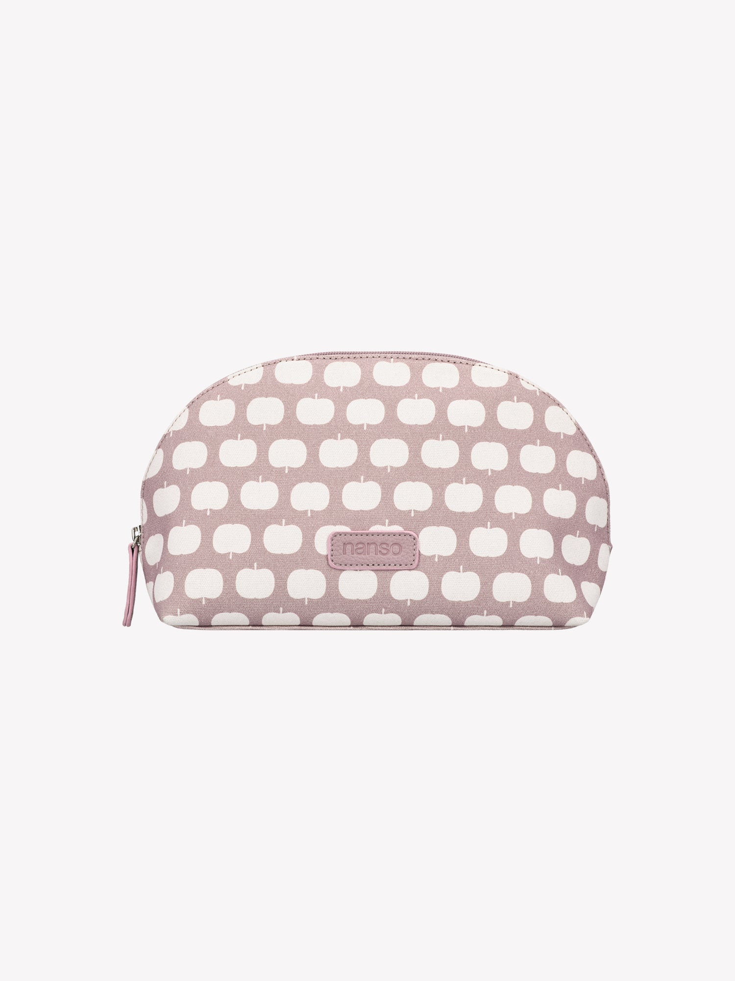 Nanso's Omppu cosmetics bag in old rose features a charming apple pattern, in a product picture