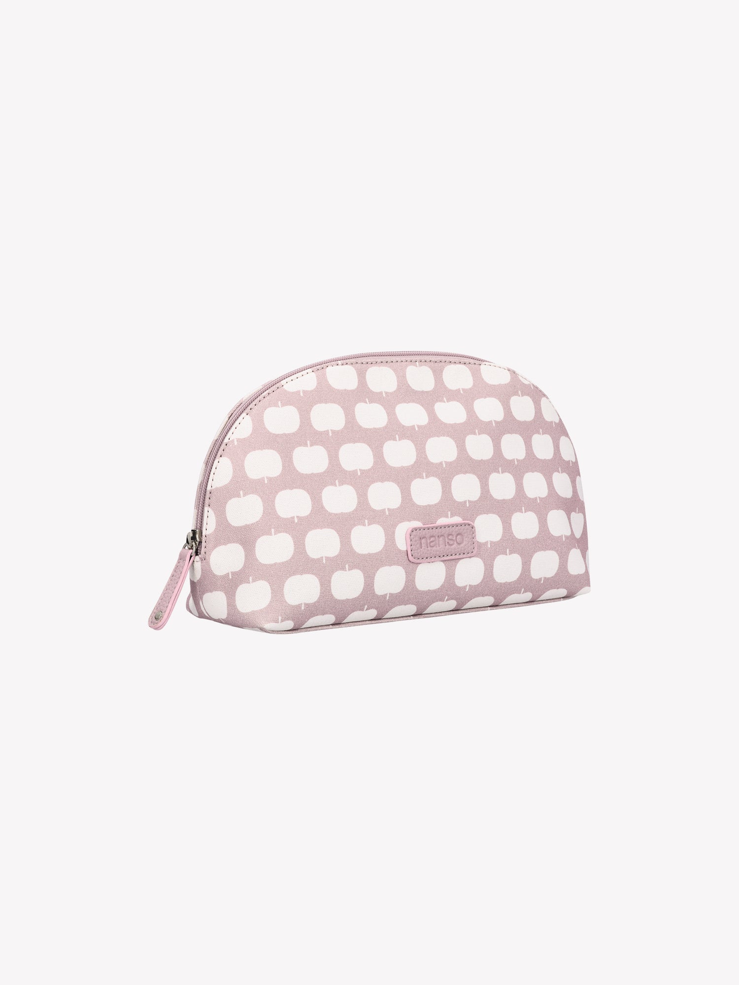 Nanso's Omppu cosmetics bag in old rose features a charming apple pattern, in a product picture