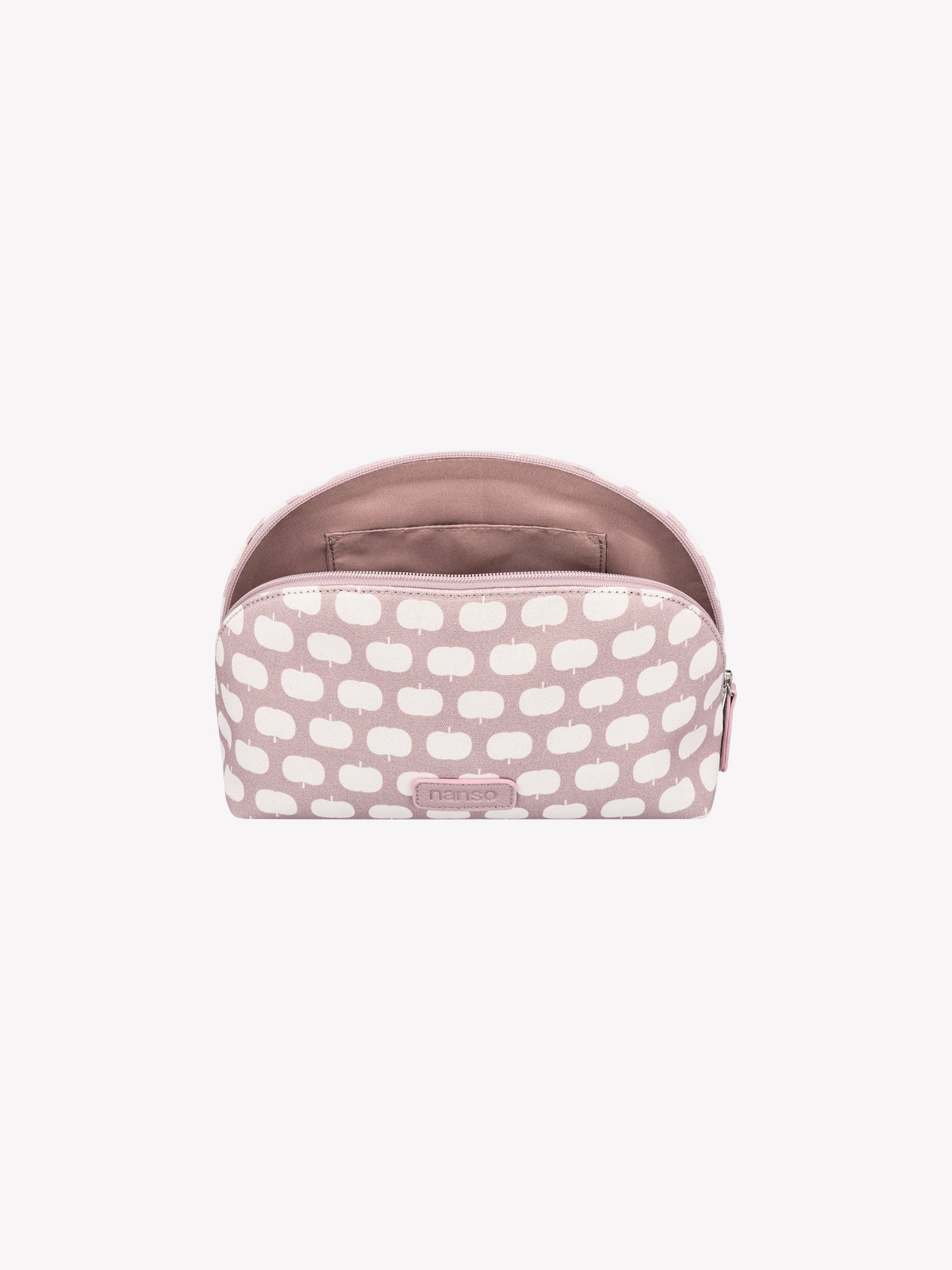 Nanso's Omppu cosmetics bag in old rose features a charming apple pattern, in a product picture