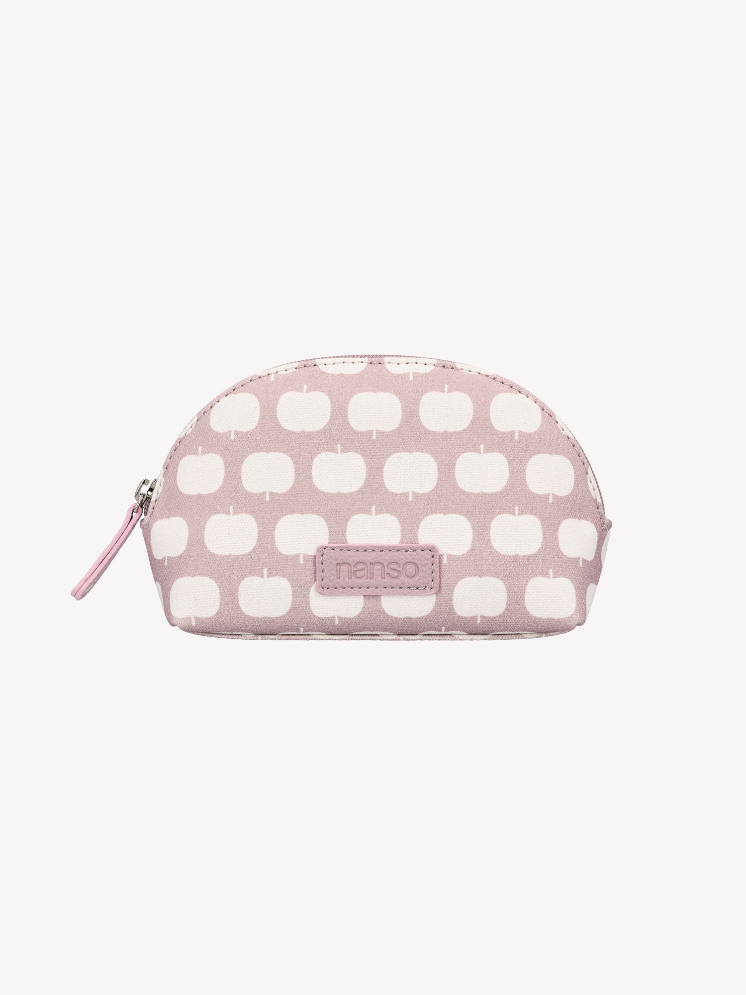 Nanso's Omppu mini cosmetics bag in old Rose features a charming apple pattern, in a product picture