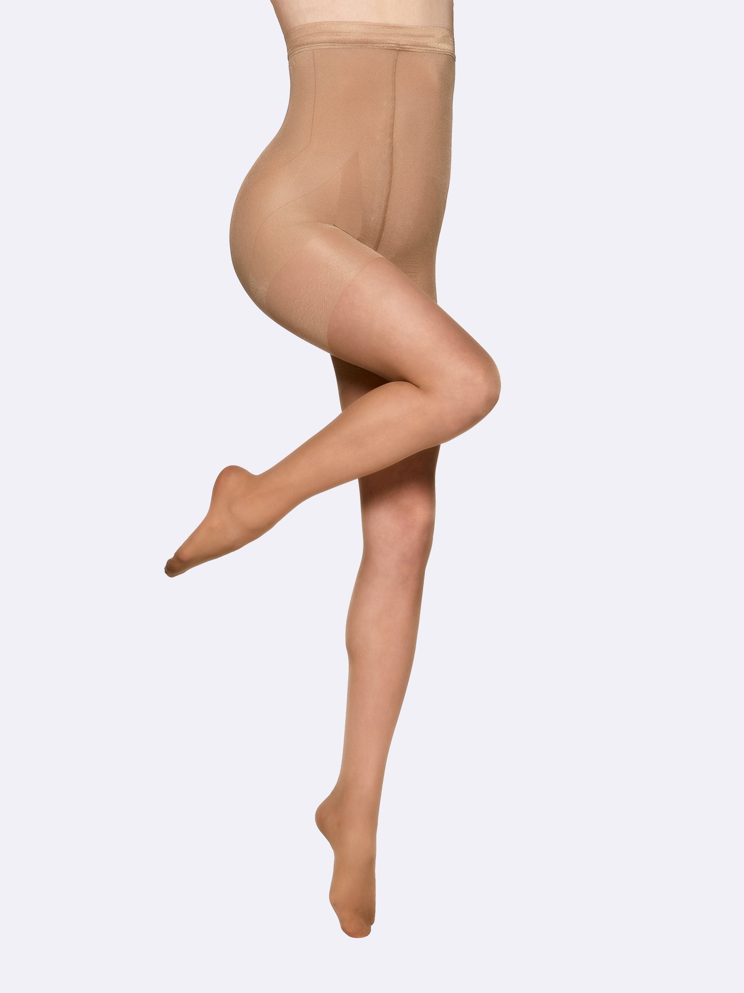 Vogue women's pair of Control Top tights in suntan will shape your body with its high waistline and 50 den Control Top panty, on model.