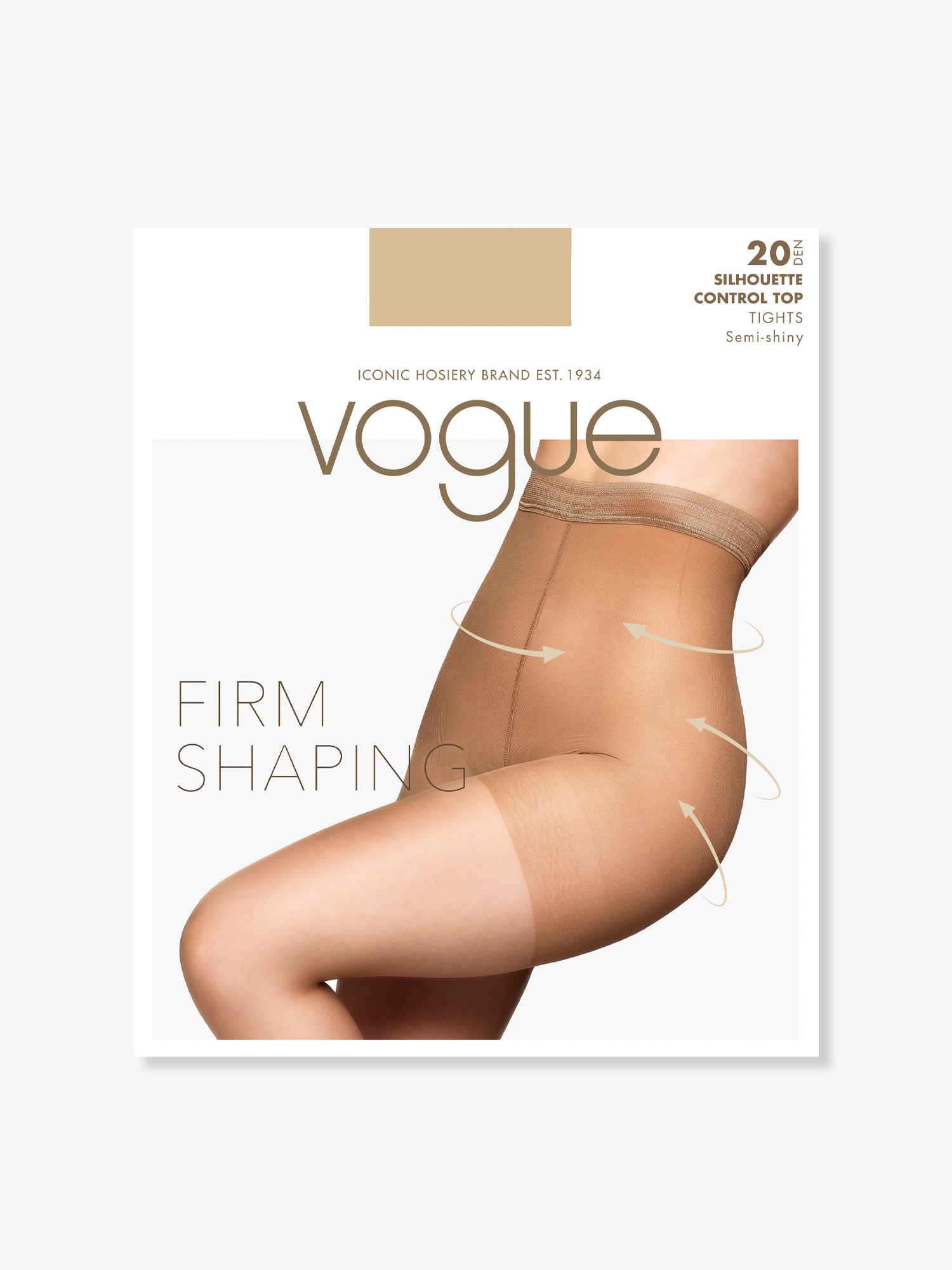 Vogue women's pair of Control Top tights in suntan will shape your body with its high waistline and 50 den Control Top panty, package.