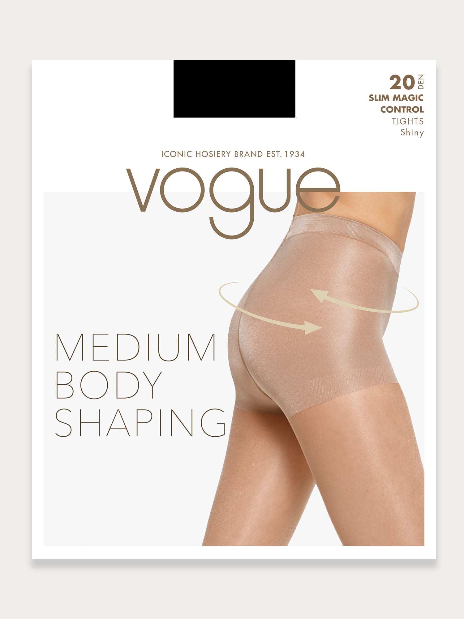 Vogue women's 20 den shiny tights in black feature a Control Top panty, flat seam, and gusset with a panel for sizes 44-48, package.