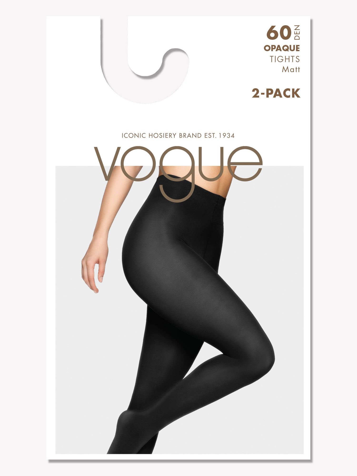 Vogue women’s 60 den matte tights in 2-pack. These opaque microfiber tights offer a soft, second skin feel and a fashionable matte finish. Picture of the package