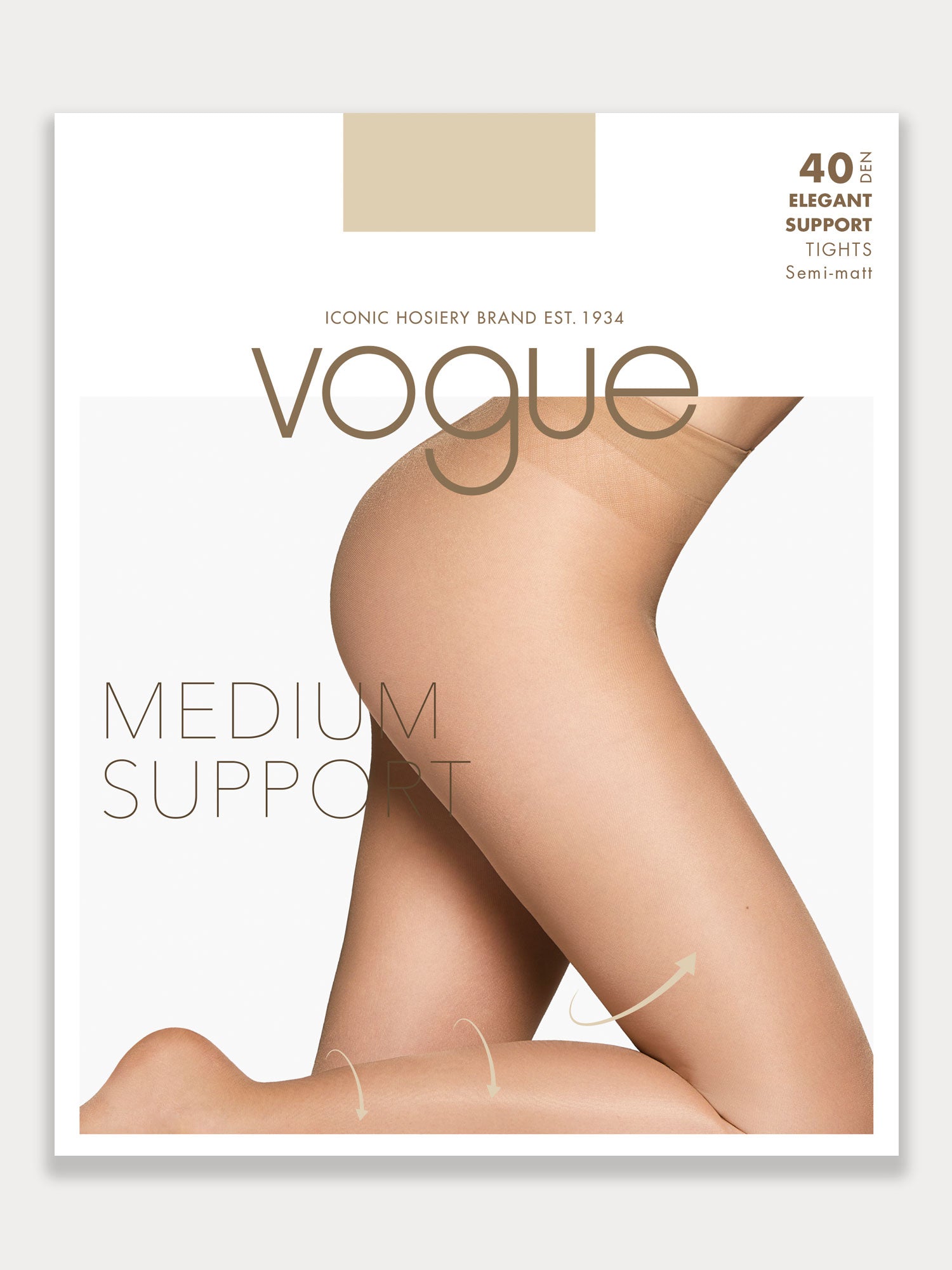 Vogue women's Elegant Support 40 den tights in shade Natural feature a sheer design up to the waist and a semi-matte finish with a silky touch. Product picture of the package.