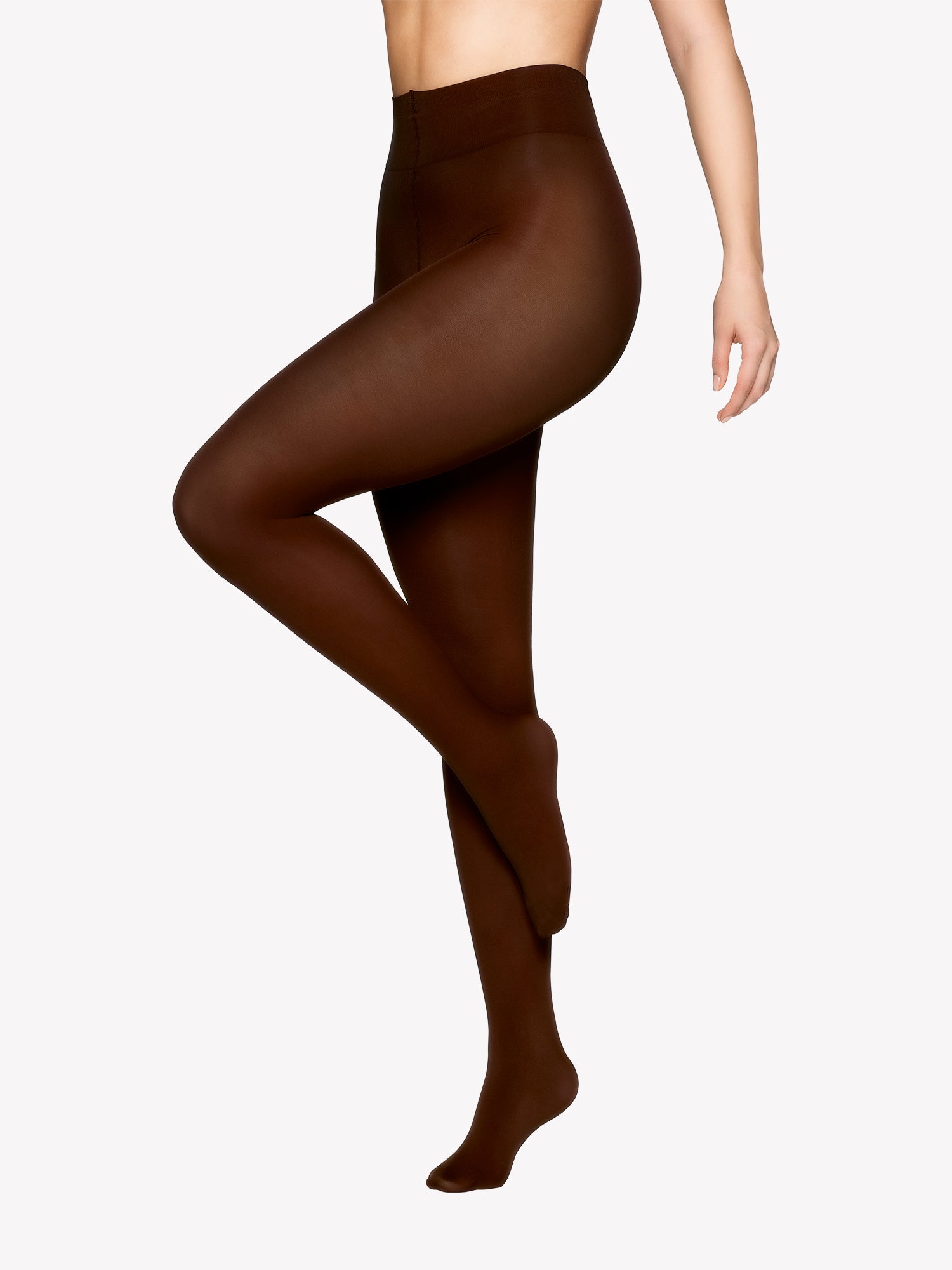 Vogue's 80 denier cocoa brown matte tights worn by the model in product image.