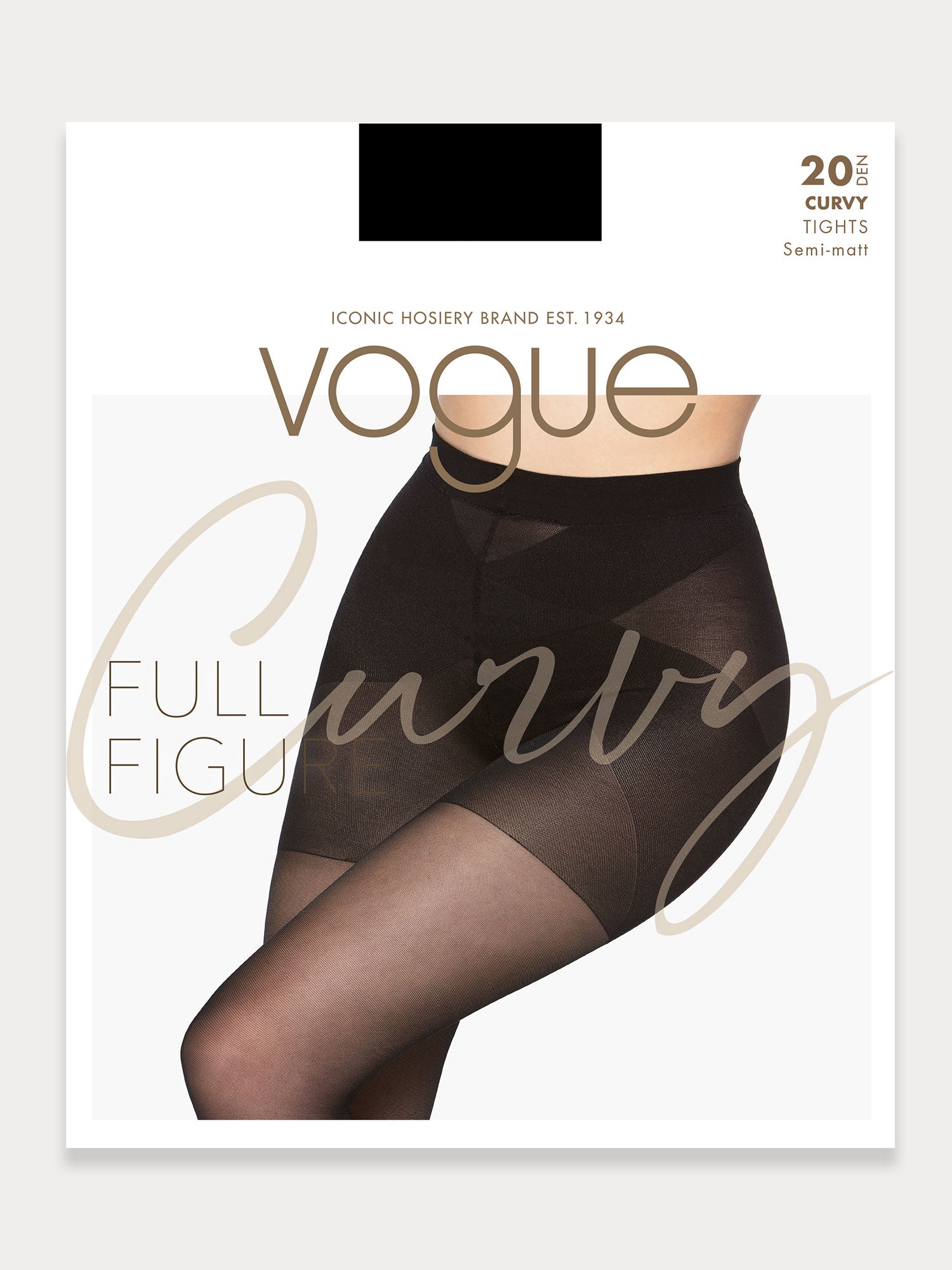 Vogue women's Curvy black 20 denier semi-matte tights for curvy figures. The elastic waistband sits comfortably, while the lightweight gusset design ensures easy dressing. Product picture of the package.