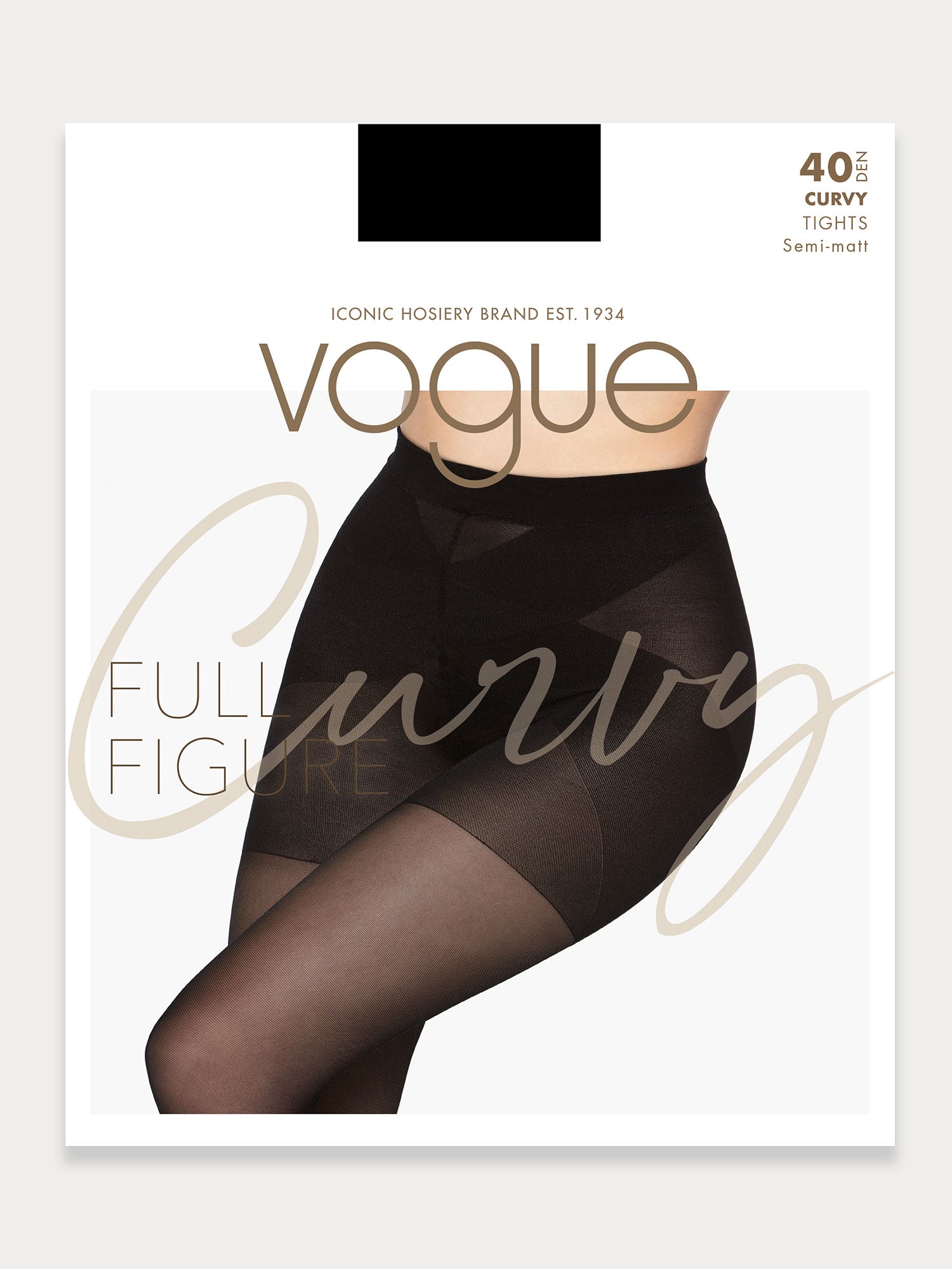 Vogue women's Curvy 40 denier sheer semi-matte tights, expertly crafted for curvy figures with elastic waistband and a light panty part without panel gusset. product picture of the package.