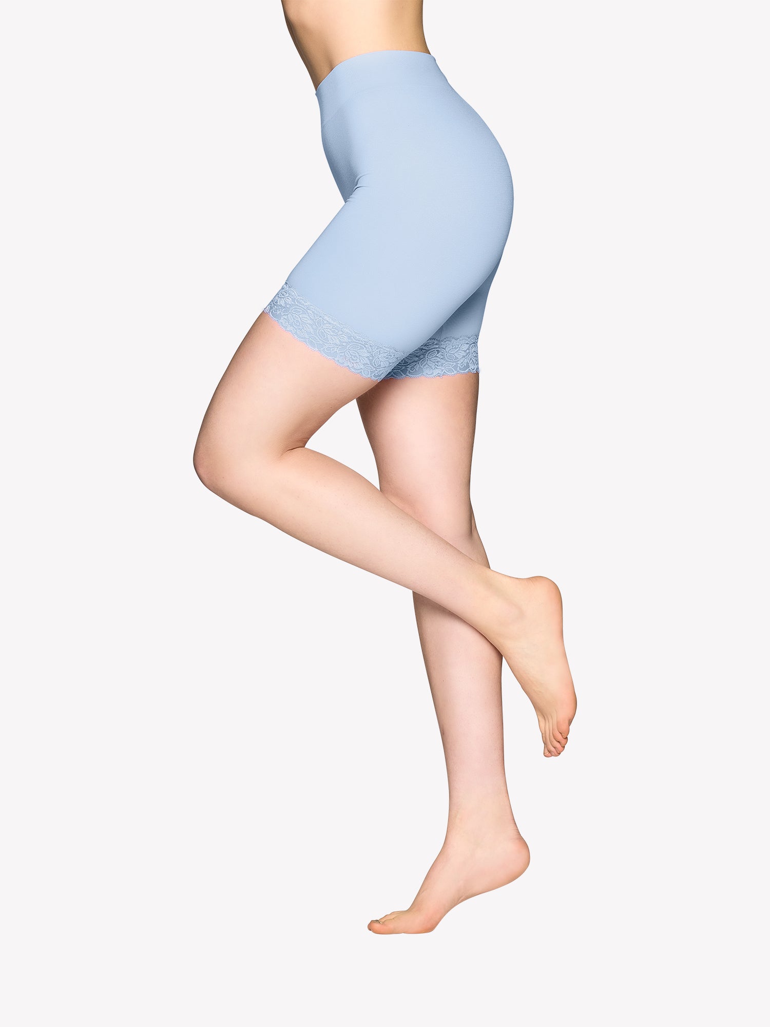 Seamless Short Leggings in Chambray Blue with beautiful lace details. The delicate lace detailing adds a touch of elegance.