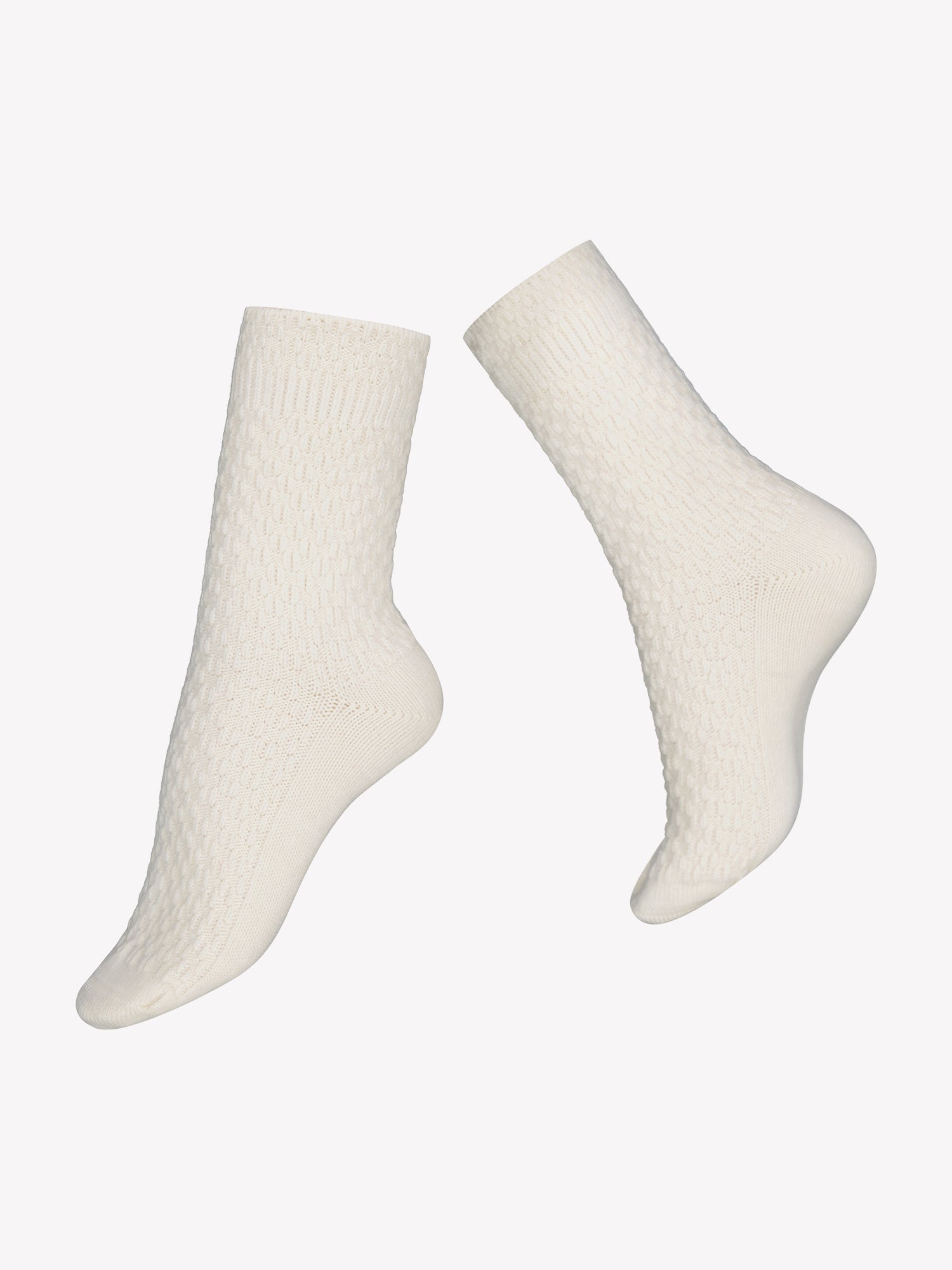 Vogue's Carina wool blend socks in off-white with cable knit pattern in a product picture.