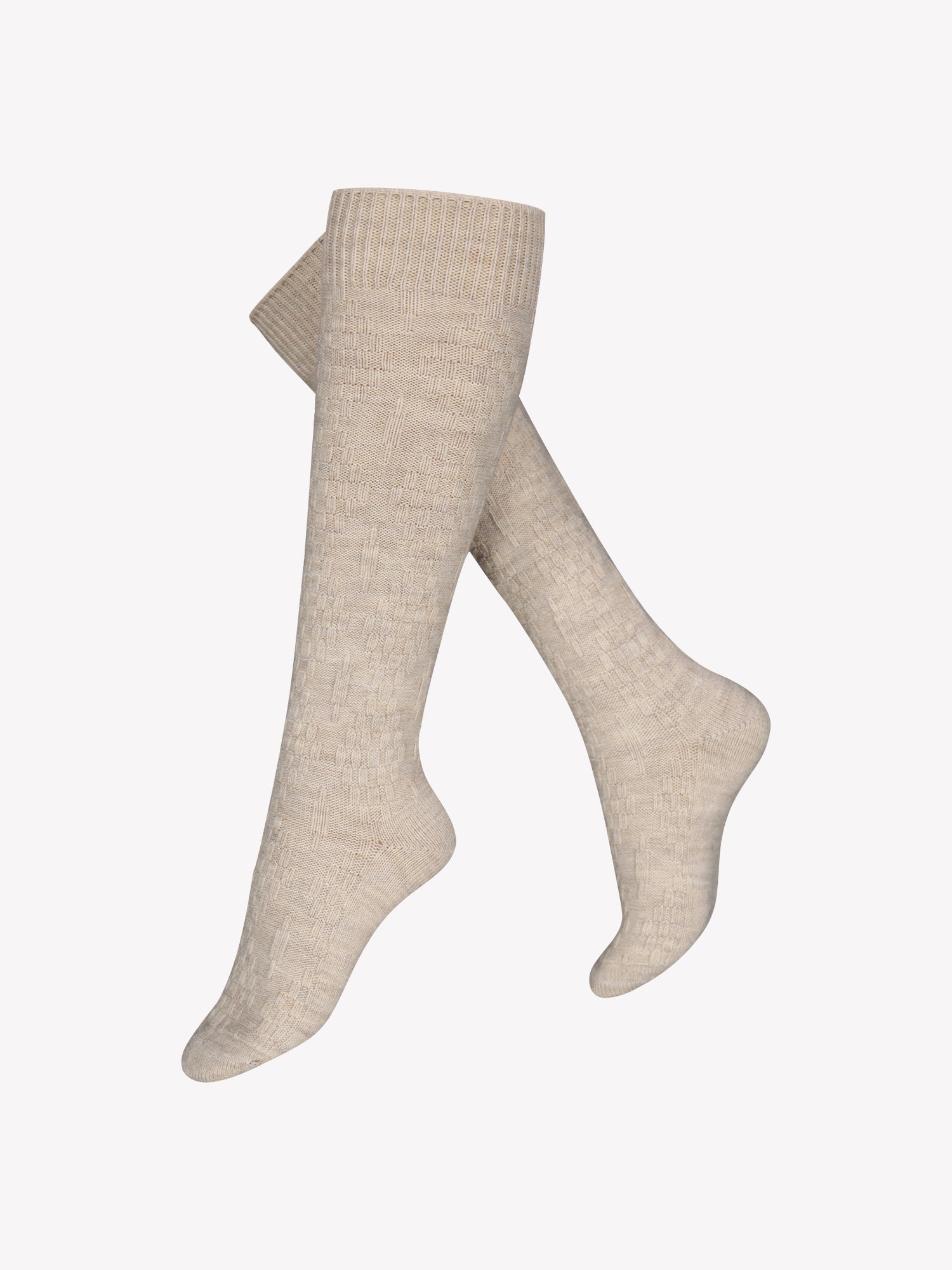 Vogue's Ciana wool knee socks in beige melange featuring an elegant cable knit pattern in a product picture.